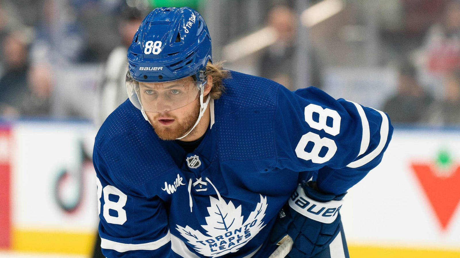 Toronto Maple Leafs Right Wing William Nylander in warmups wearing