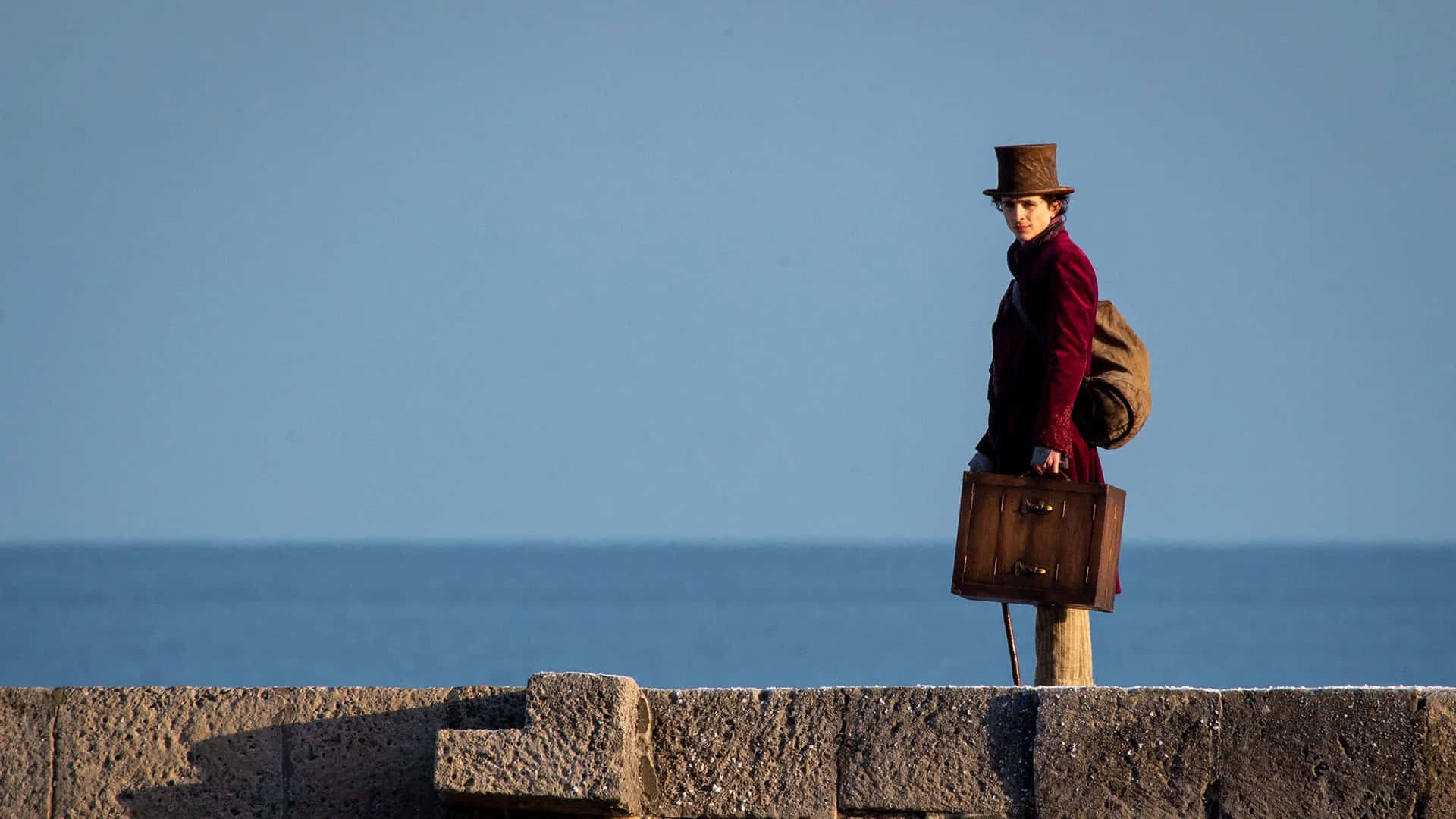A Man Is Standing On A Wall With A Suitcase