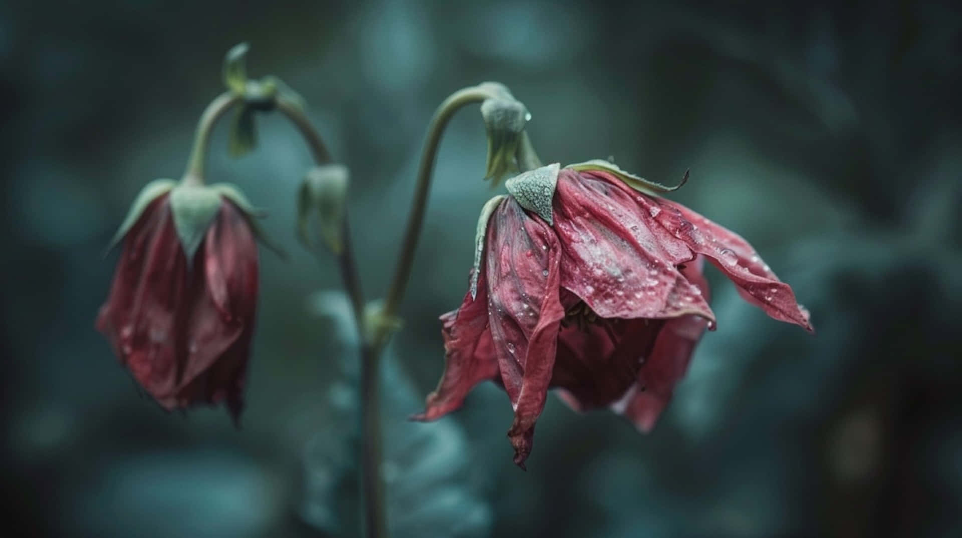 Verwelkte Rode Bloemen Dauw Druppels Achtergrond