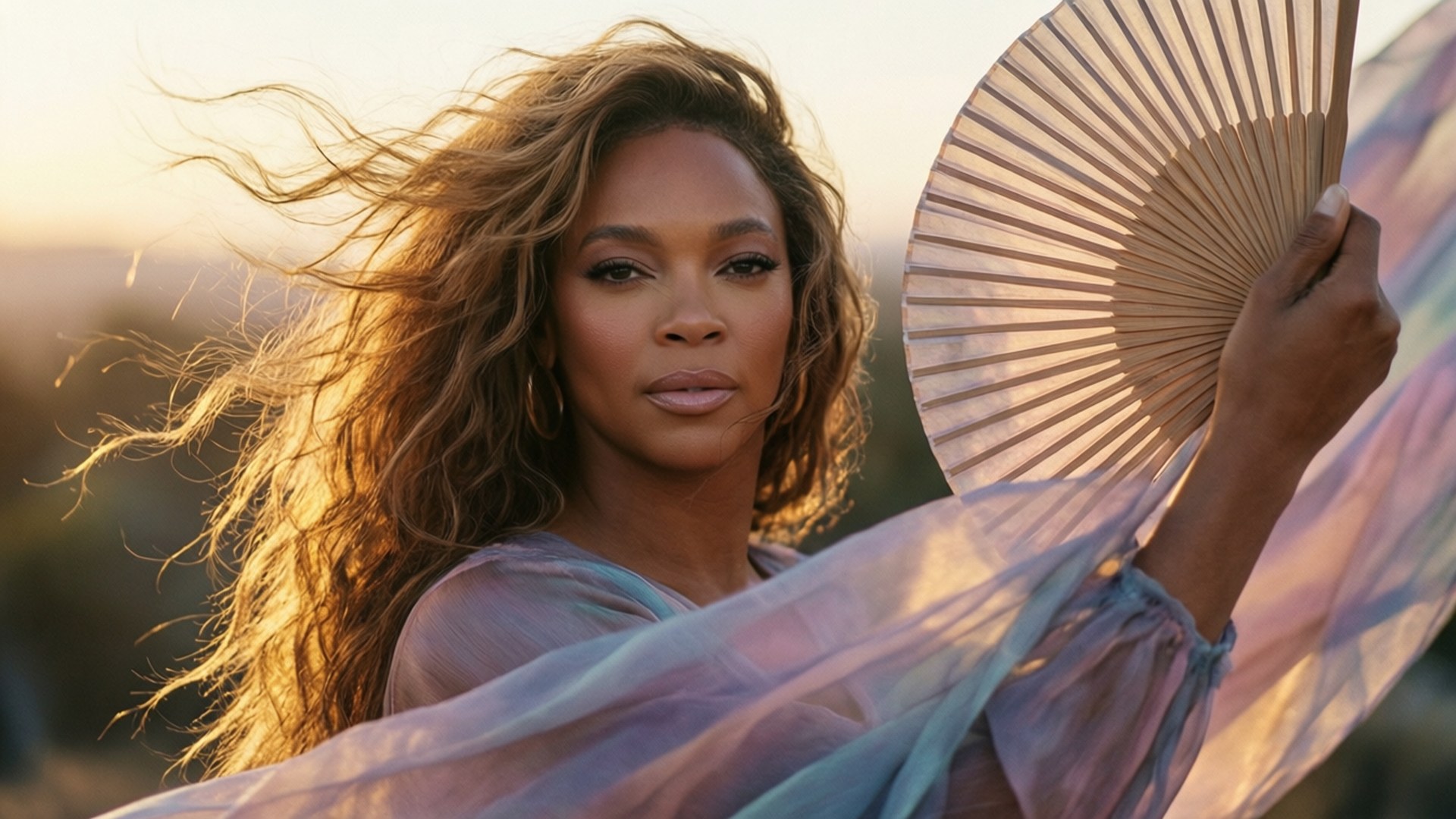 Ensaio fotográfico etéreo de Beyonce com vento e luz dourada. — Beyonce Papéis de Parede