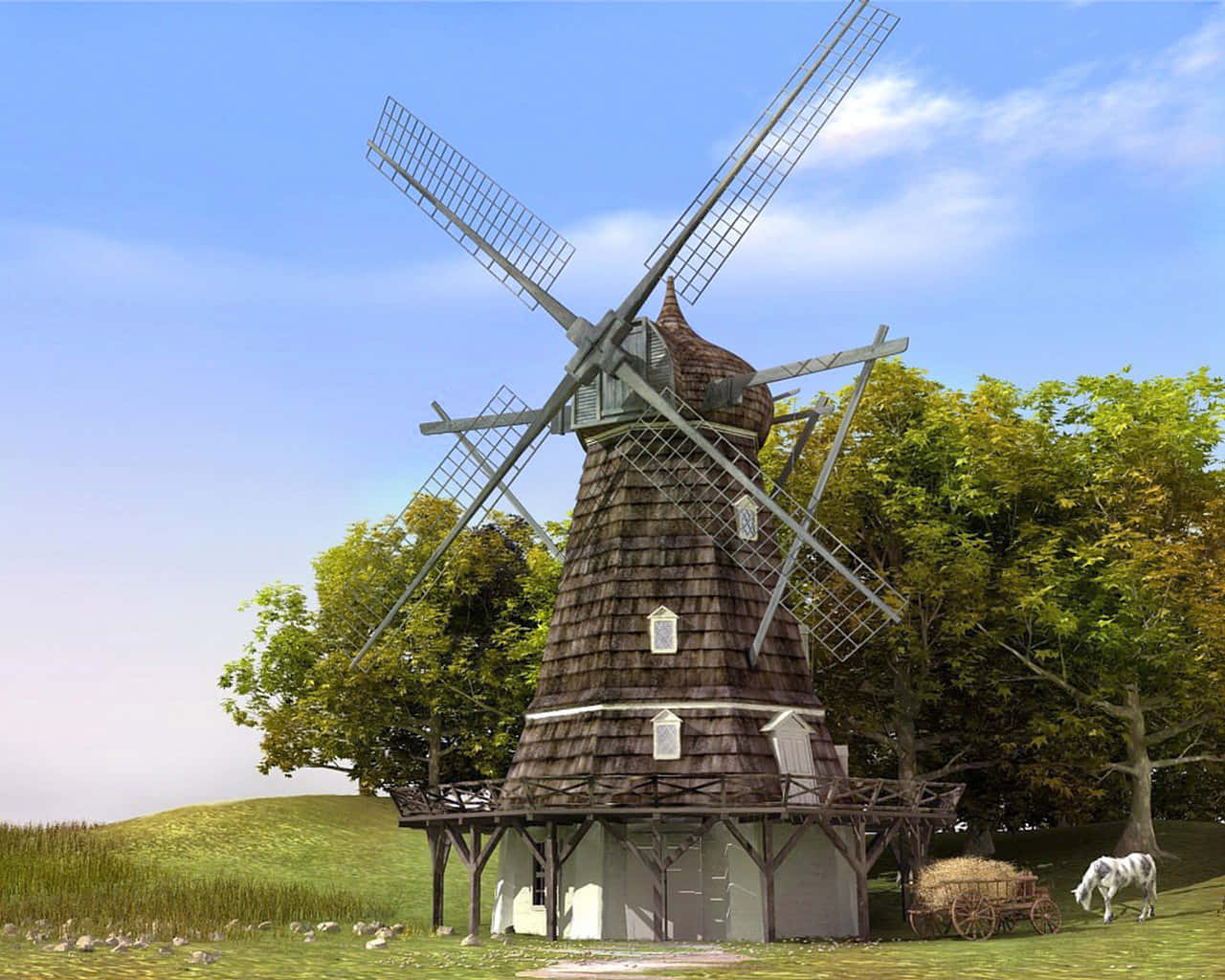 Lush Meadow with a White Windmill