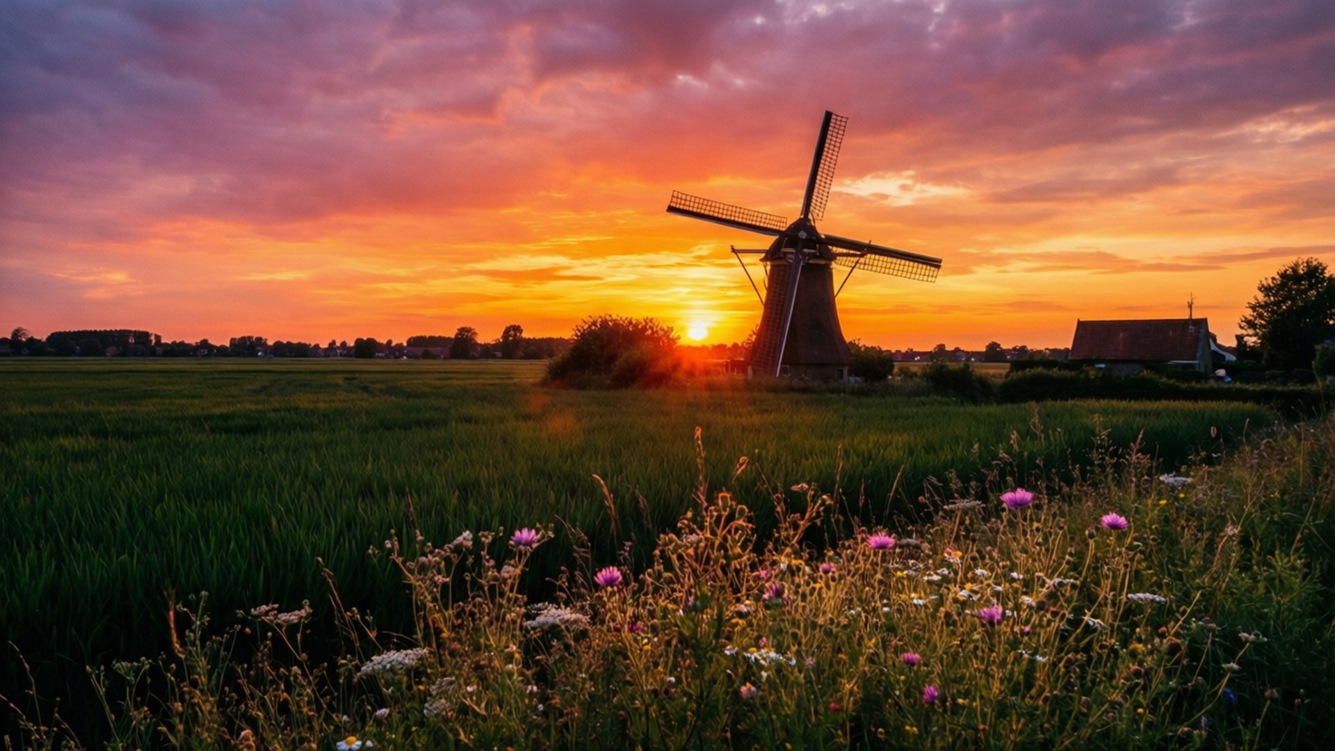 Fargerik solnedgang med vindmøllesilhuett i Oosterhout