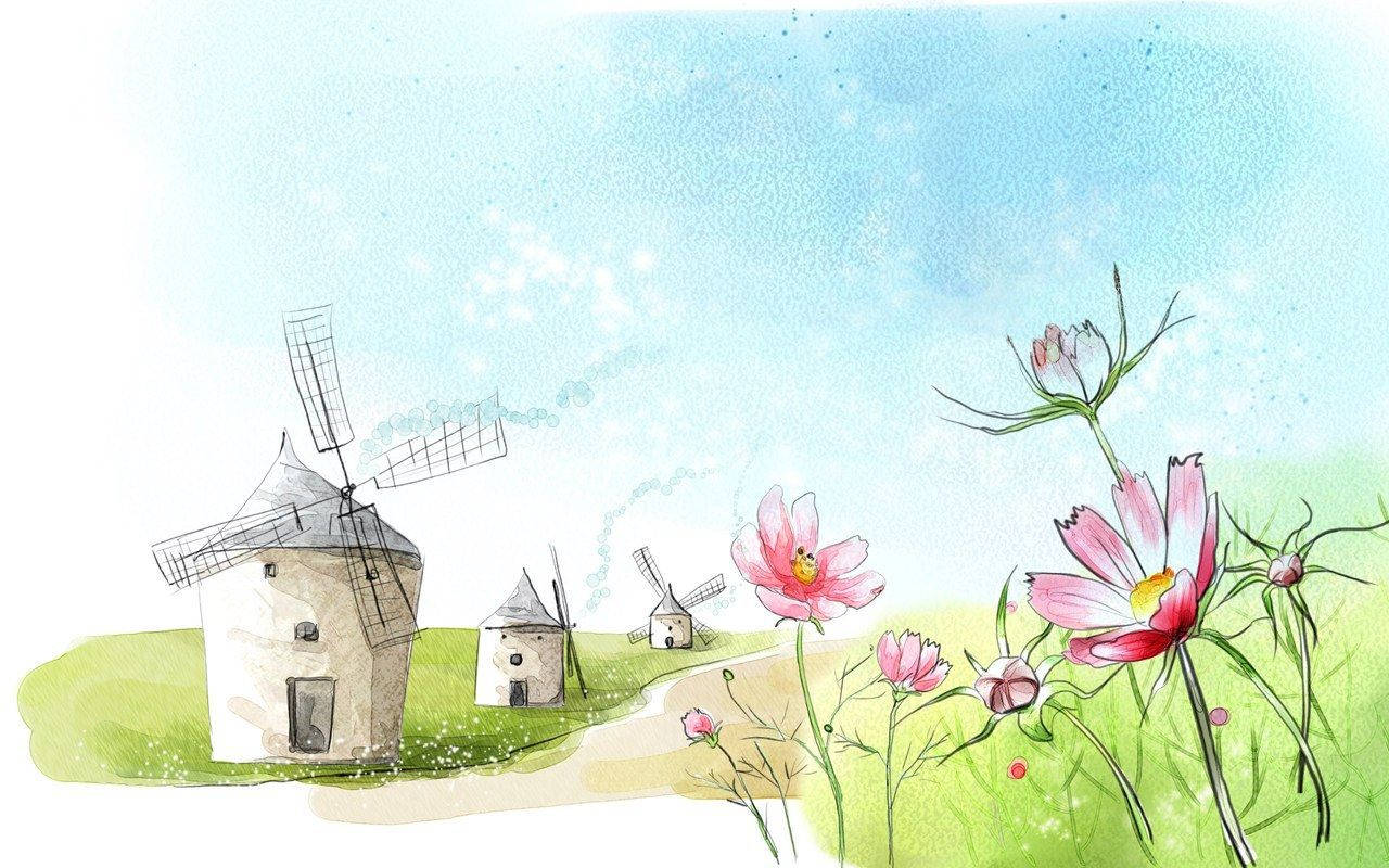Windmills And Flowers Art Drawing Wallpaper