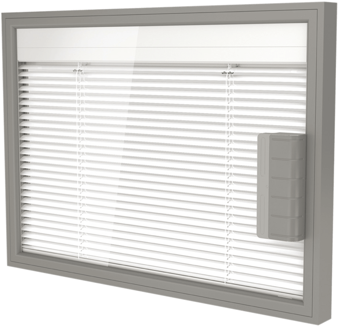 Gray framed window with white horizontal blinds and side control. — Blind Wallpaper