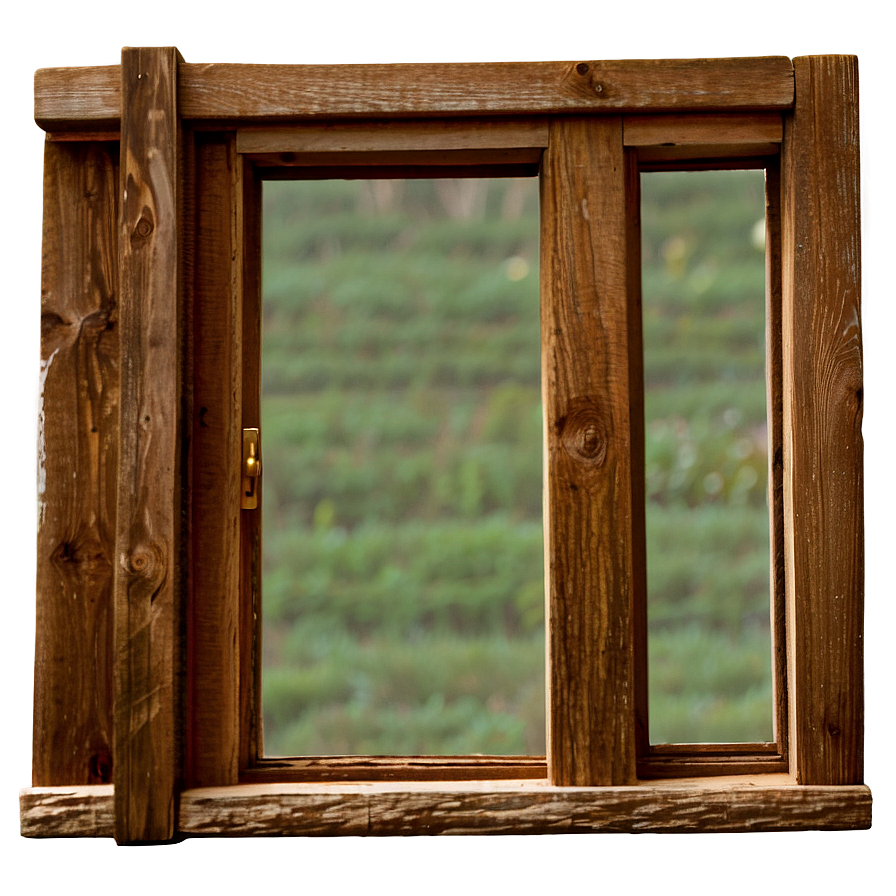 window d PNG — A rustic wooden window with a brass latch frames a soft-focus view of green terraced hills.