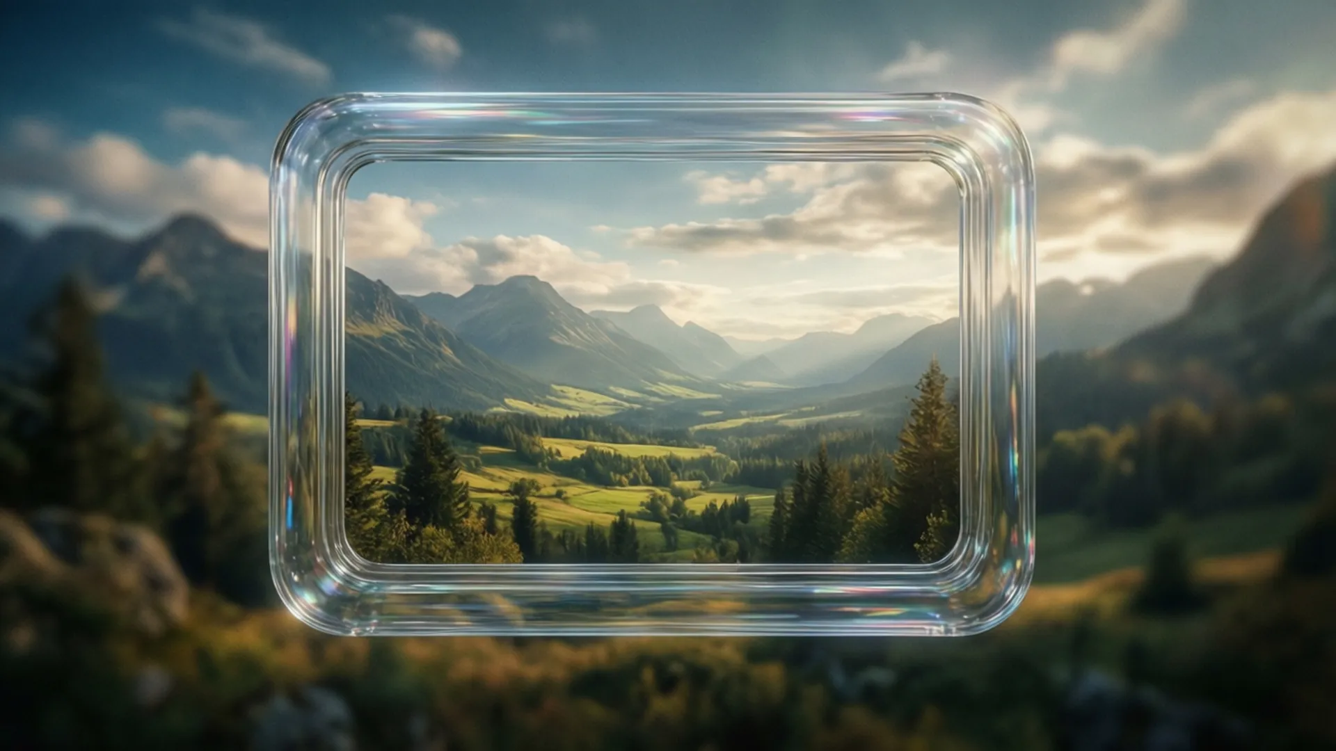 Een transparant PNG-frame zwevend in een landschap, met uitzicht op een andere scène.