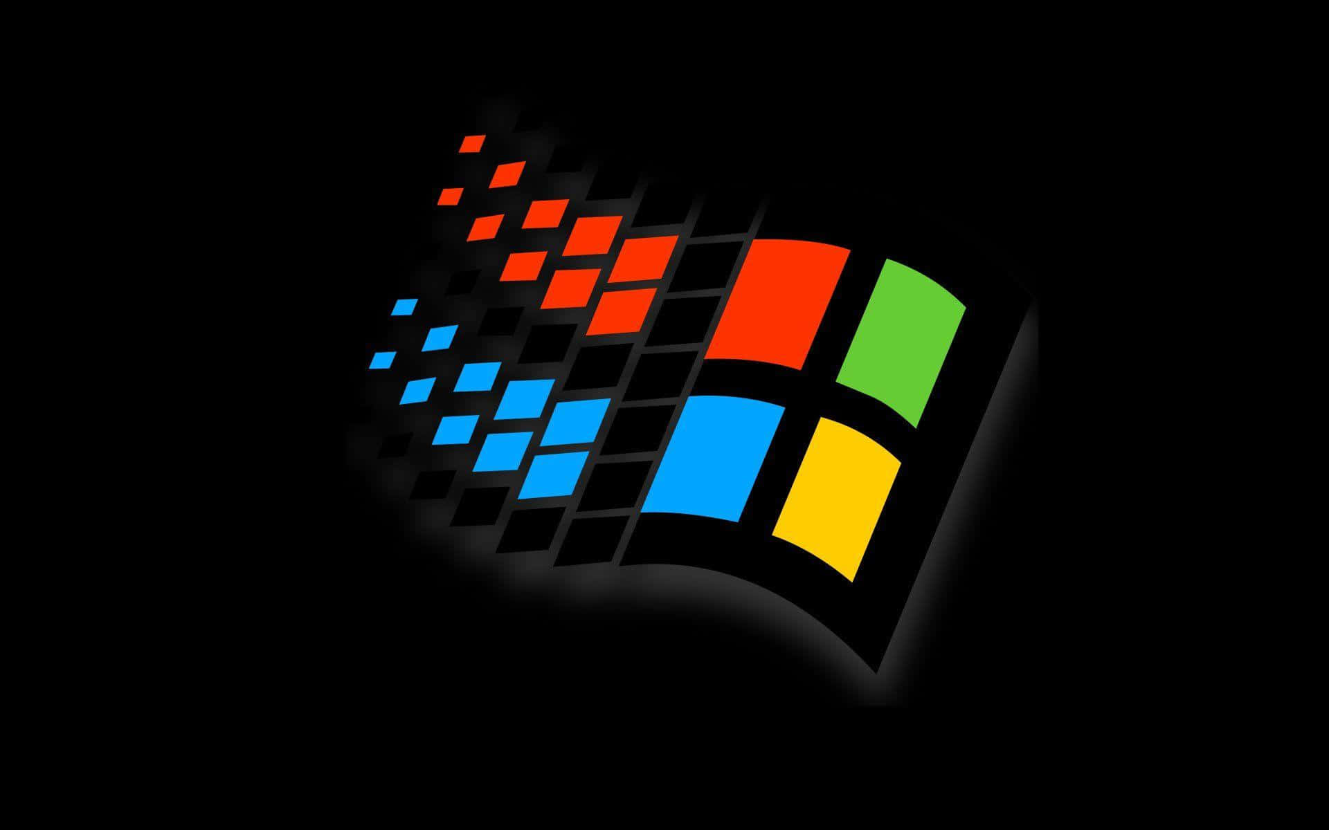 A graphical representation of the Windows 95 logo and background