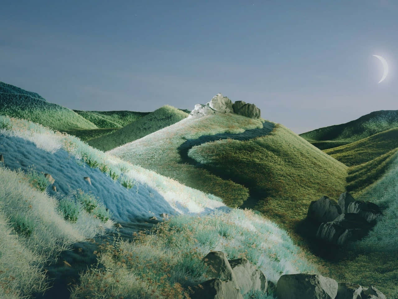 A 3d Rendering Of A Hill With Grass And A Moon