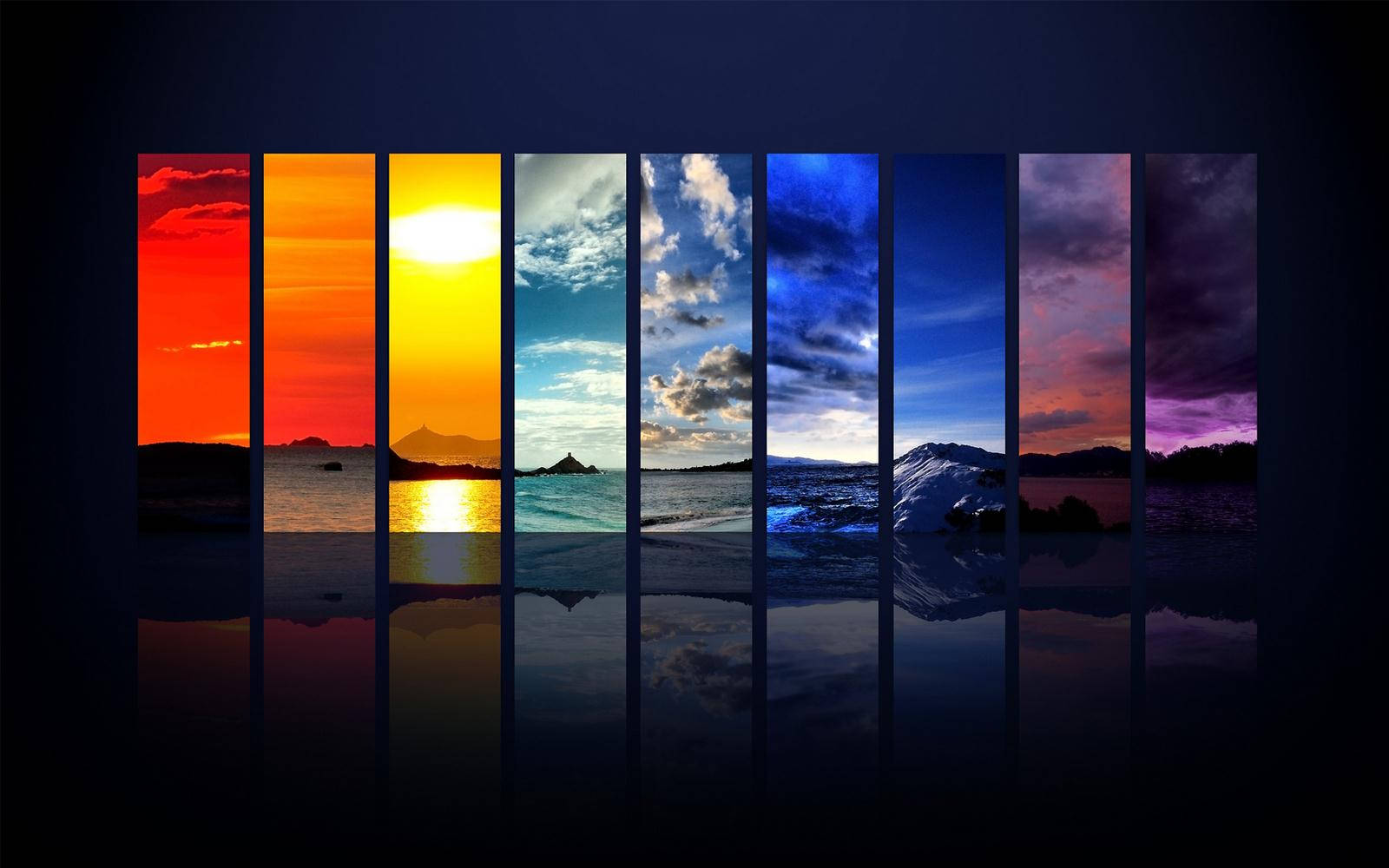 Nature Windows 10 Wallpaper — Seven vertical panels display a spectrum of sunrises and sunsets over water from fiery red to deep purple with cloud reflections.