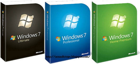 Windows7 Editions Boxes PNG — Three Windows 7 software boxes in black blue and green showcasing Ultimate Professional and Home Premium editions.