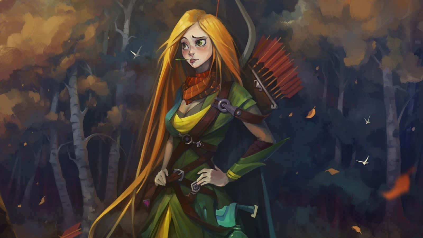 Windranger striking a pose in her iconic green outfit against a dramatic landscape Wallpaper