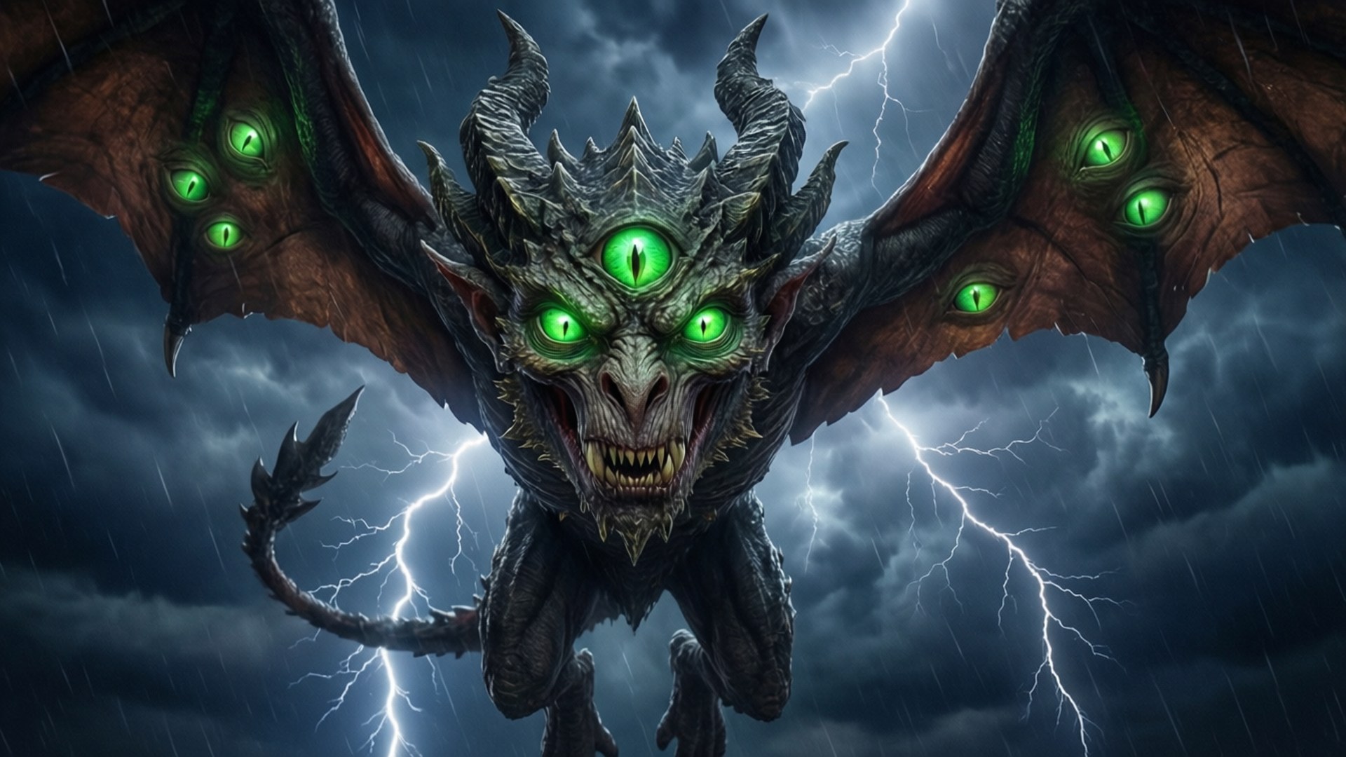 En demon med flera gröna ögon i ansiktet och vingar som flyger i en storm