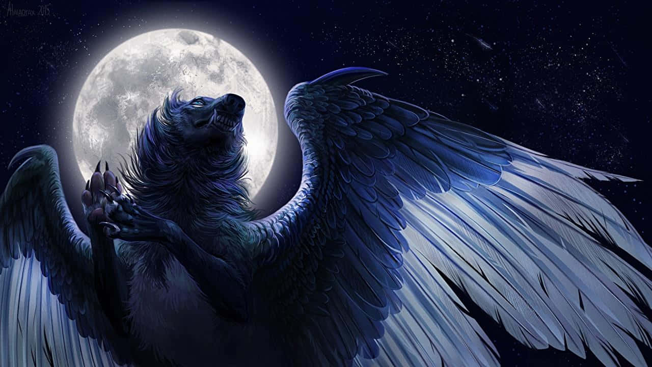 A Wolf With Wings In Front Of The Moon Wallpaper