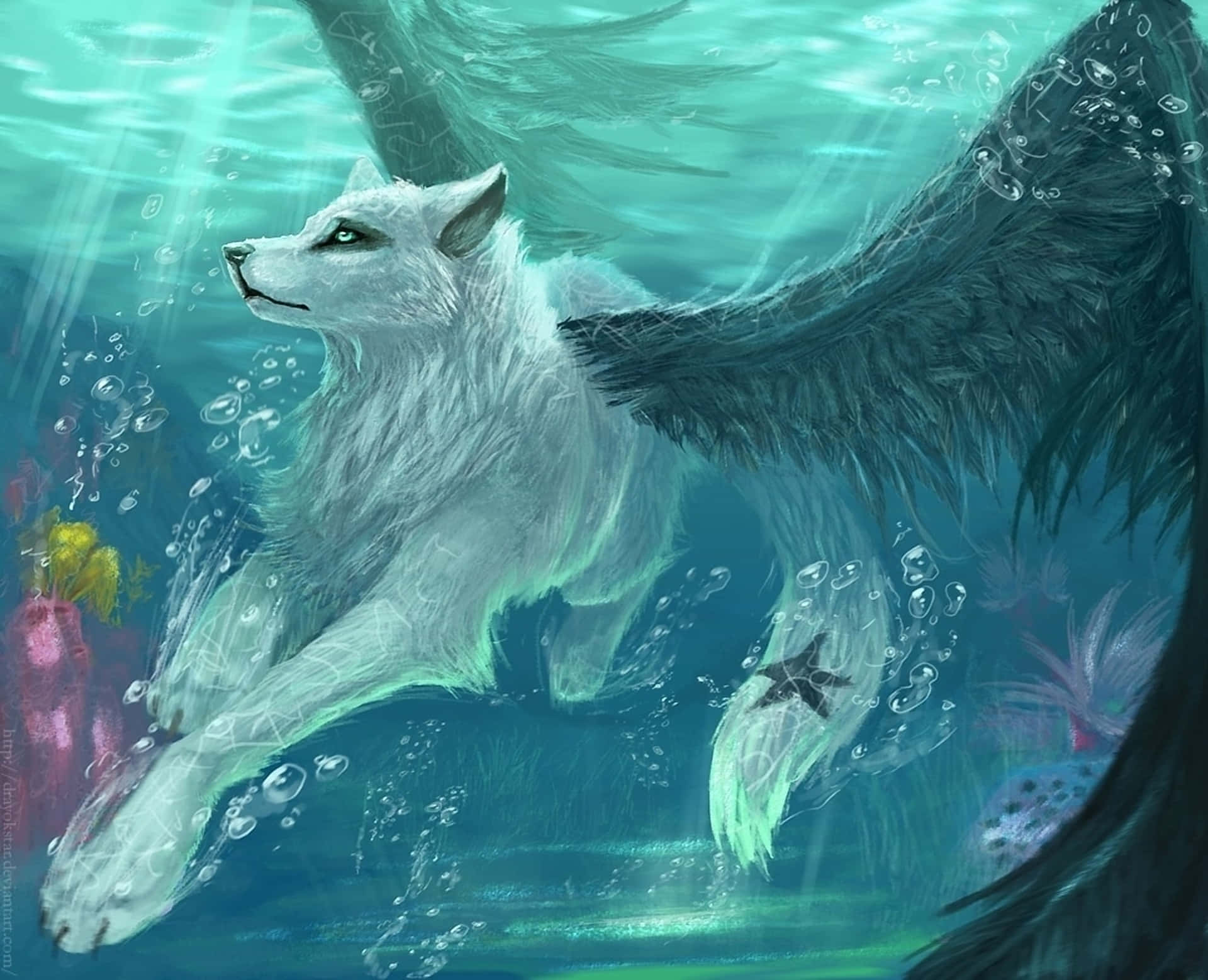A Majestic Winged Wolf Soaring Through The Night Sky Wallpaper