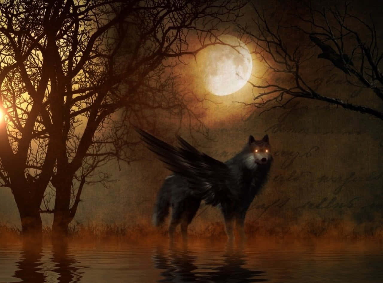 Einmajestätischer Geflügelter Wolf, Der Zum Mond Heult. Wallpaper