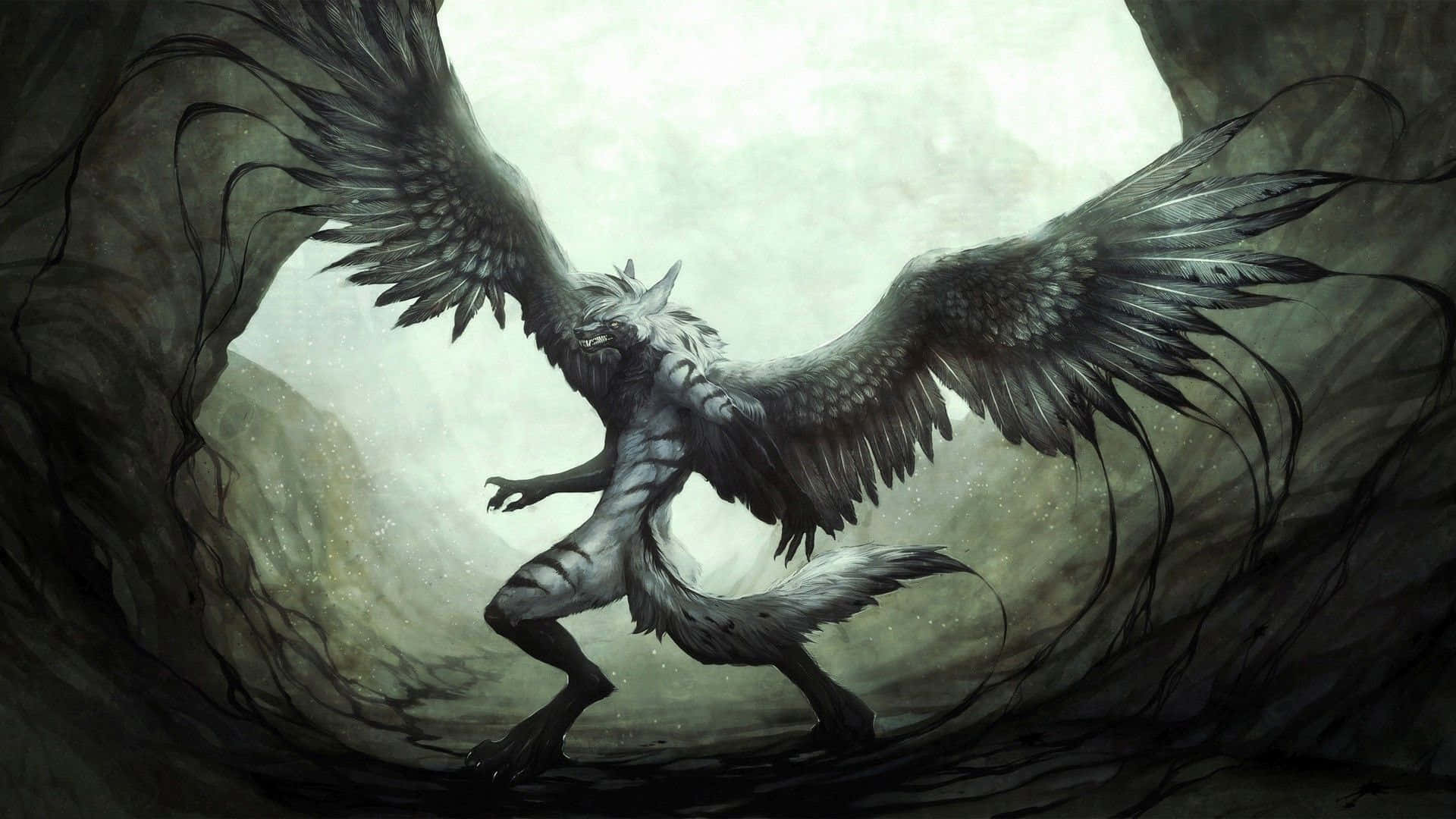 Winged Wolf Standing On Cave Wallpaper