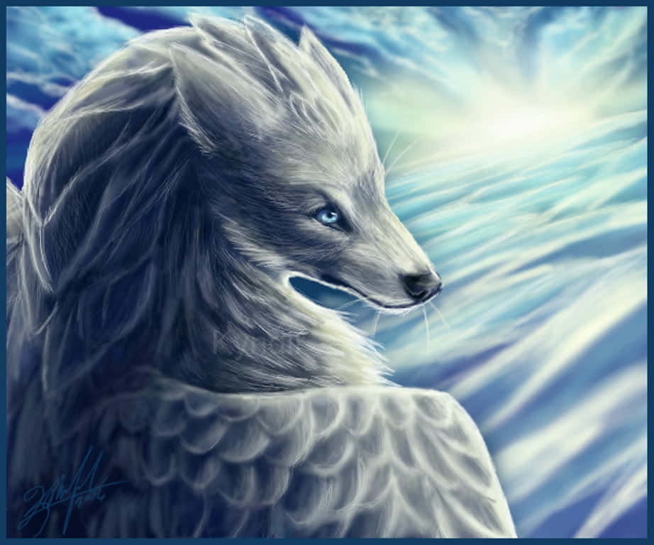 En majestætisk ulv der flyver gennem himlen med vinger af magt. Wallpaper