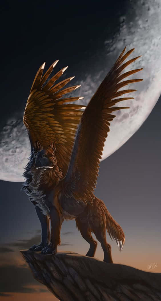 Winged Wolf Sky Big Moon Wallpaper