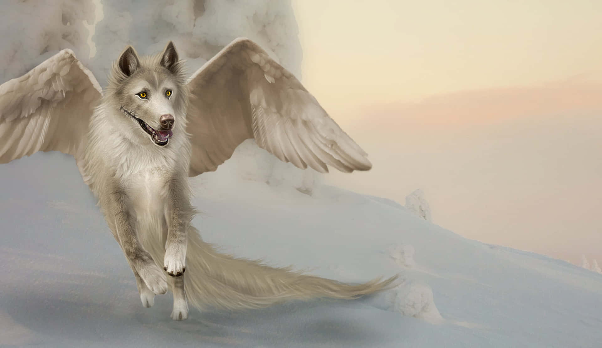 A White Wolf With Wings Flying In The Snow Wallpaper