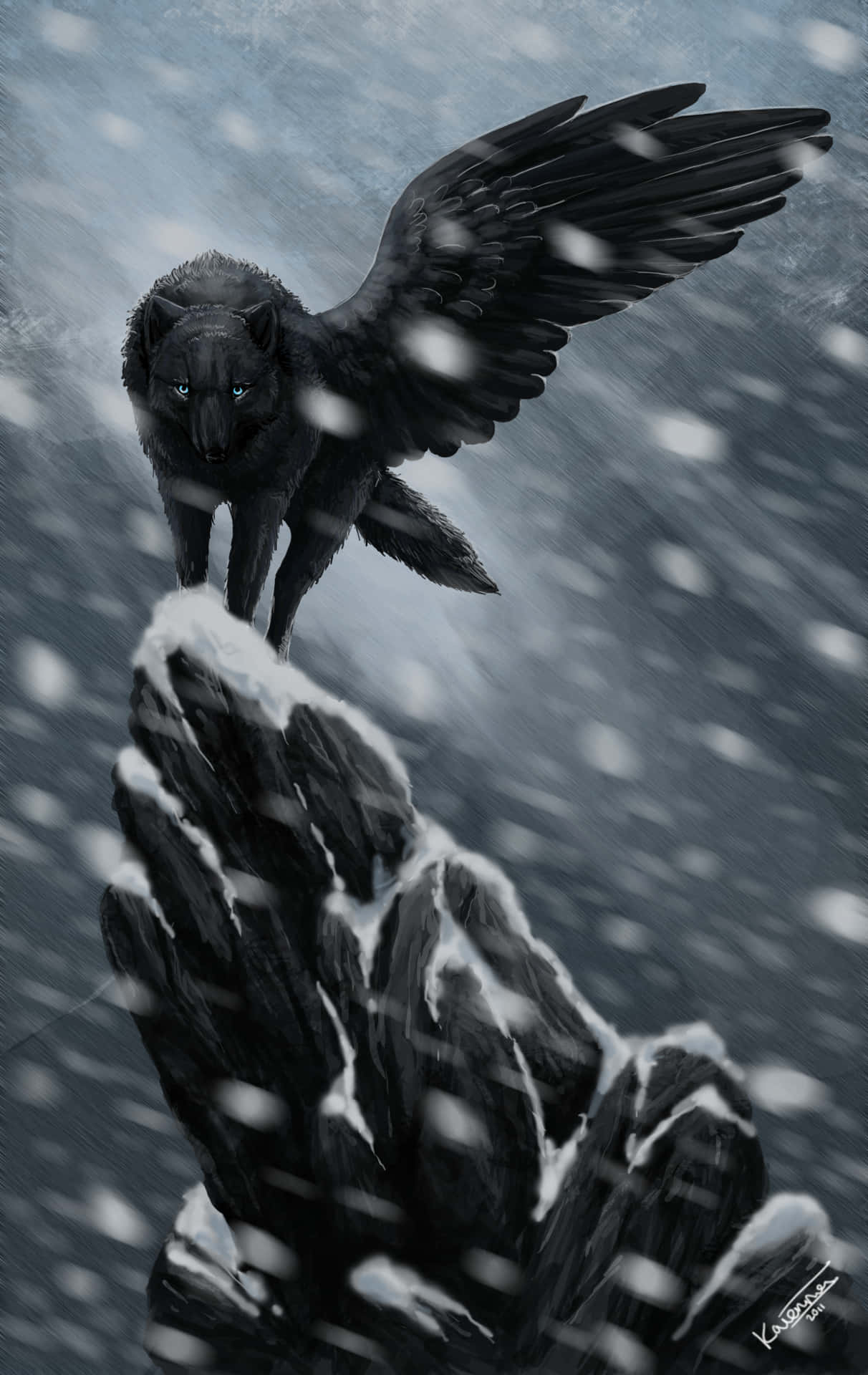 Winged Wolf Snow On Rock Wallpaper