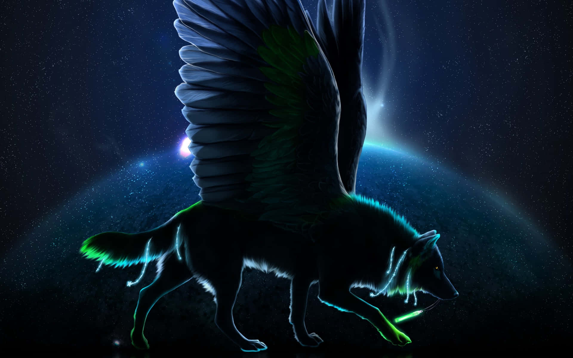 A Black Wolf With Wings Flying In The Sky Wallpaper