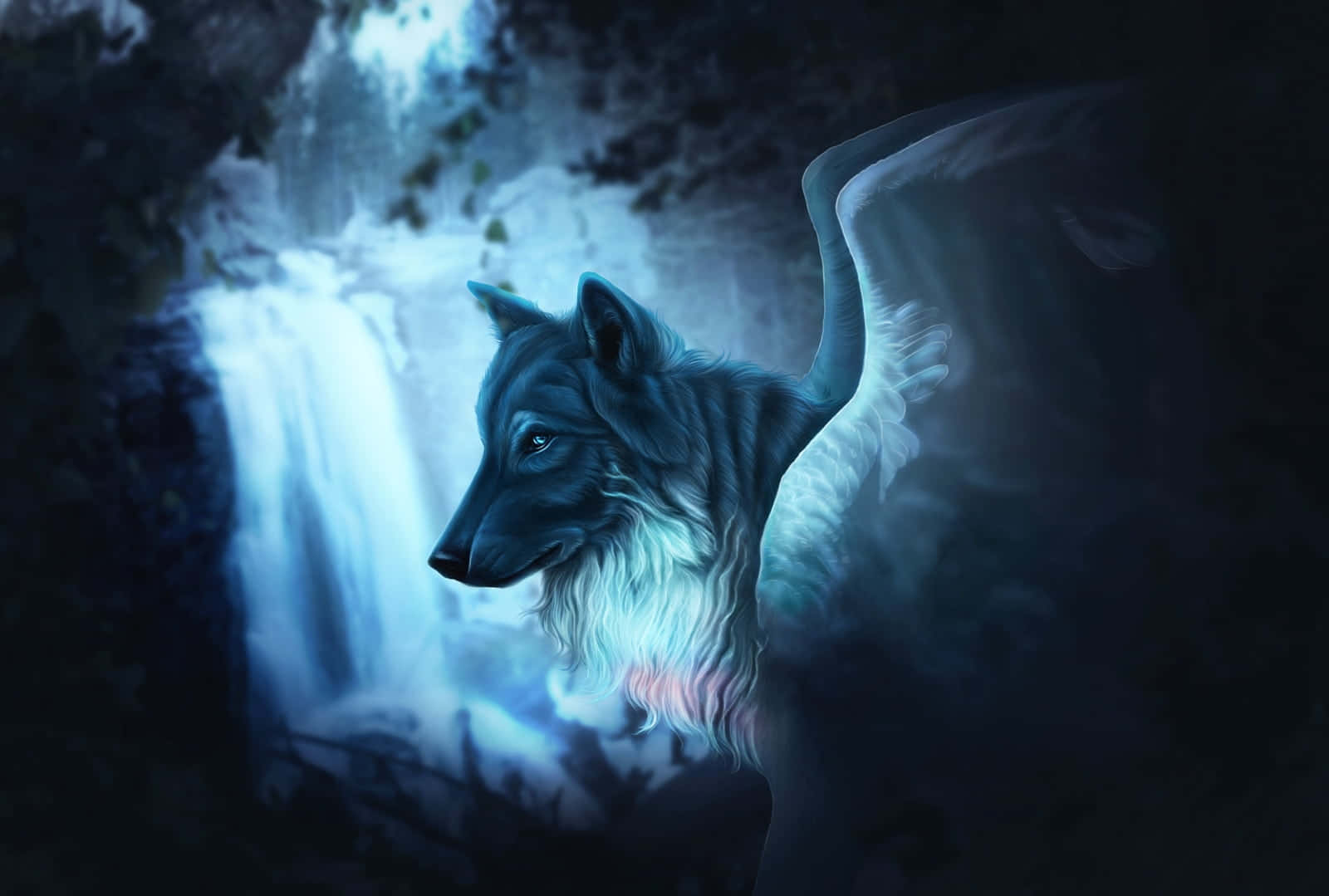 Winged Wolf Waterfall Wallpaper