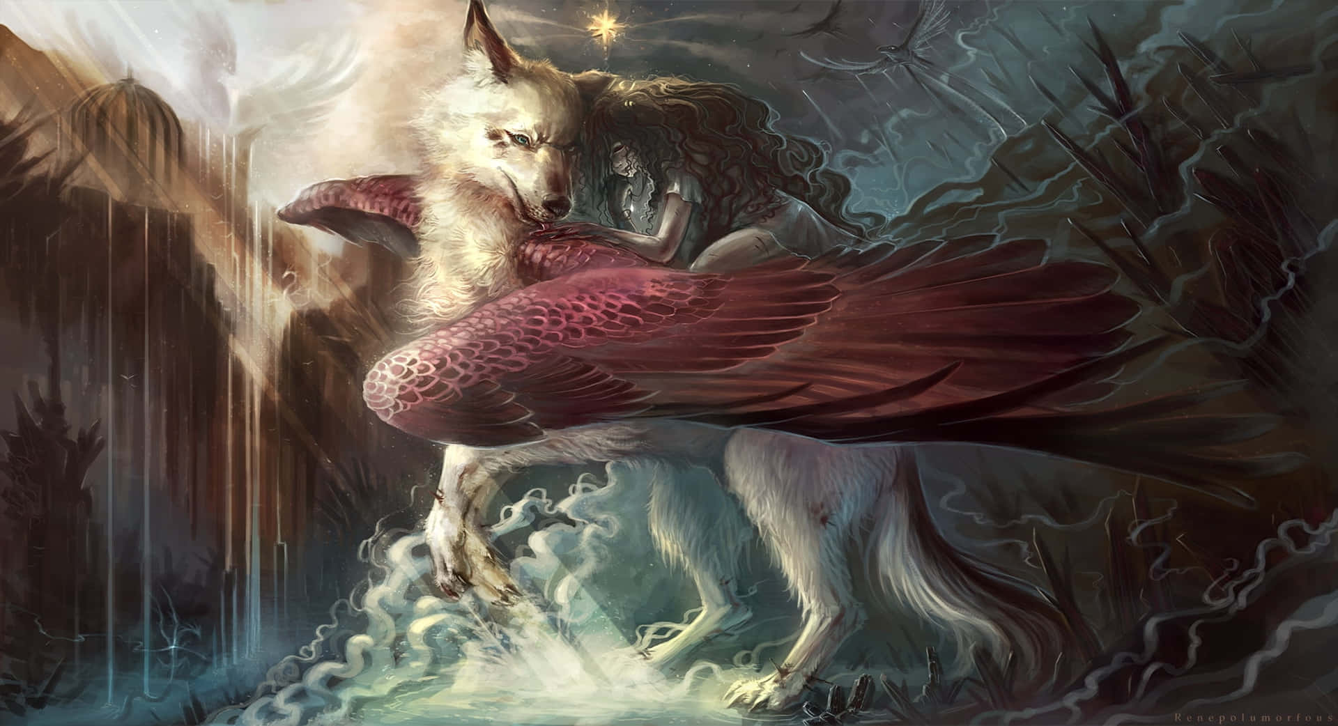 "A Majestic Winged Wolf Soaring Across the Night Sky" Wallpaper