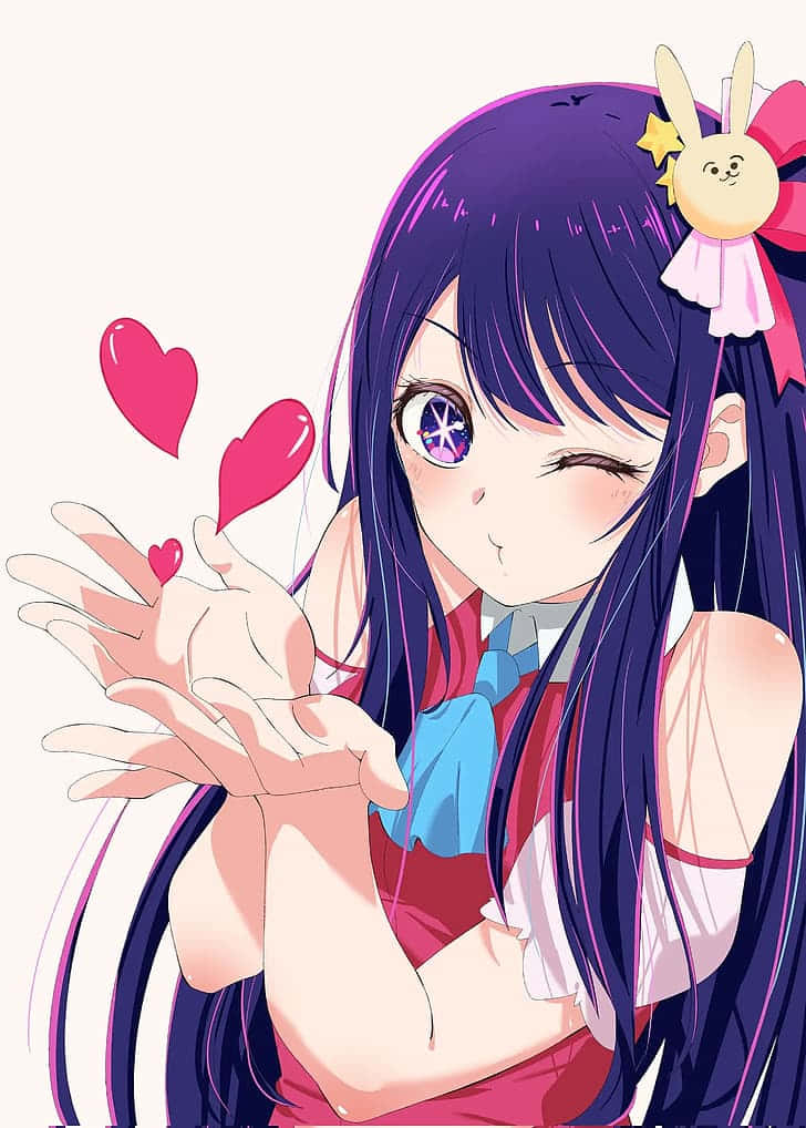 Winking Anime Girlwith Heartsand Bunny Hairpin Wallpaper