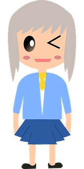 Winking Cartoon Girlin Blue Dress PNG