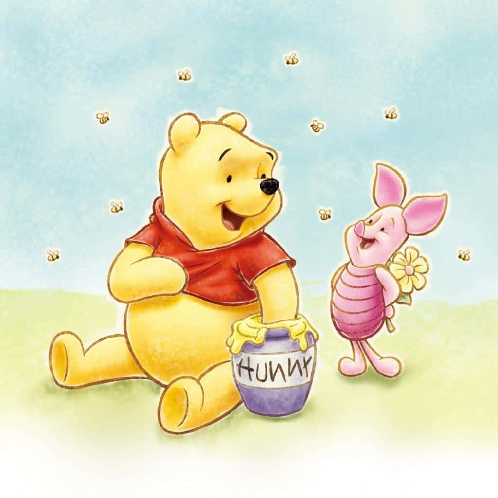 Estéticade Winnie The Pooh Con Piglet Sosteniendo Flores. Fondo de pantalla