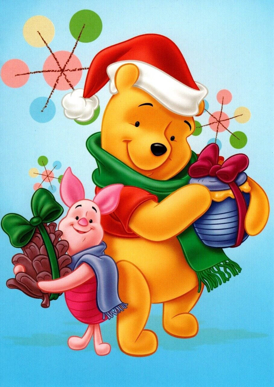 Winnie the Pooh og grisling i julehatte. Wallpaper