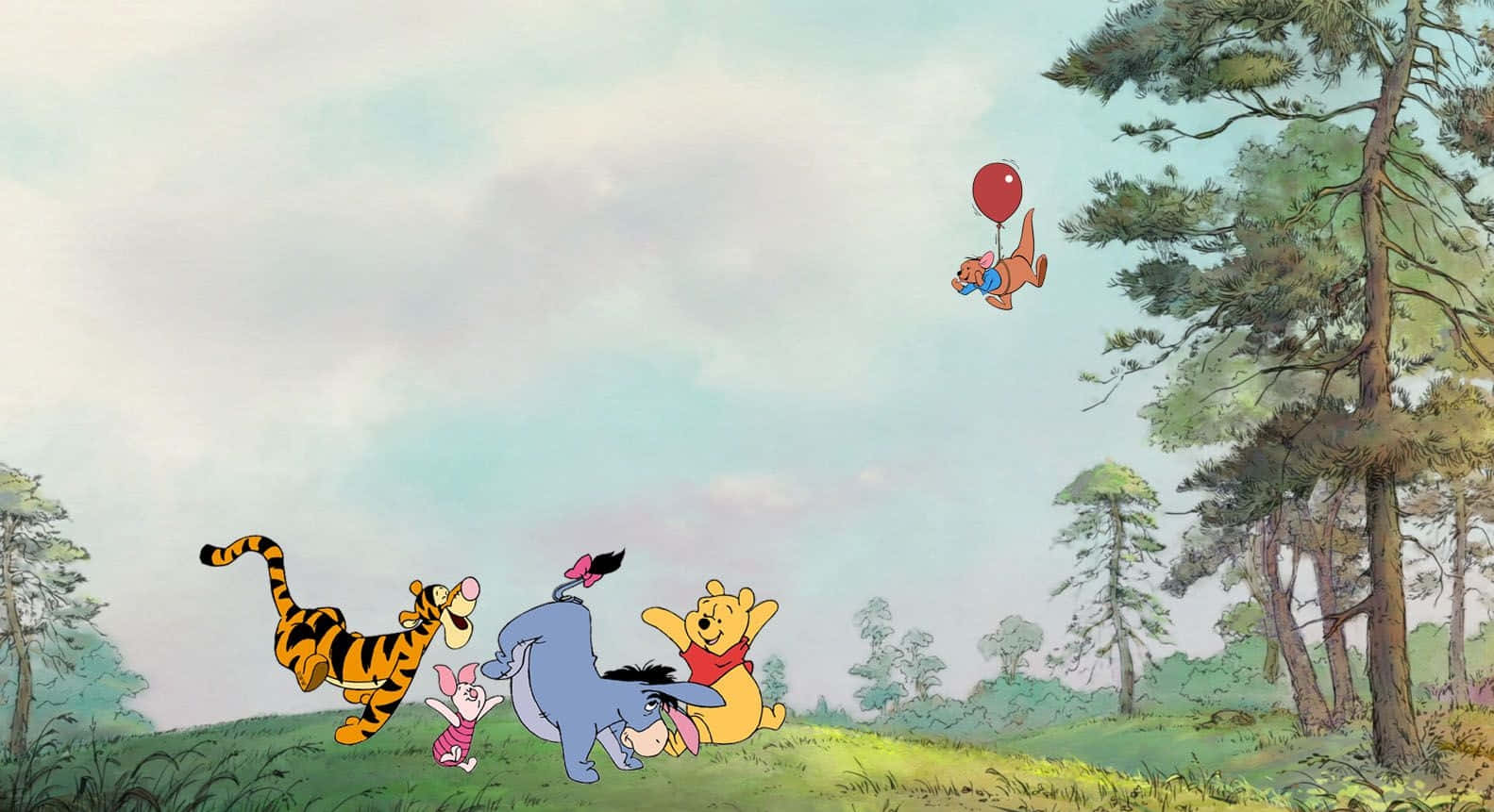 Christopherrobin Y Winnie The Pooh Disfrutando De Un Día Soleado En El Bosque De Los Cien Acres. Fondo de pantalla