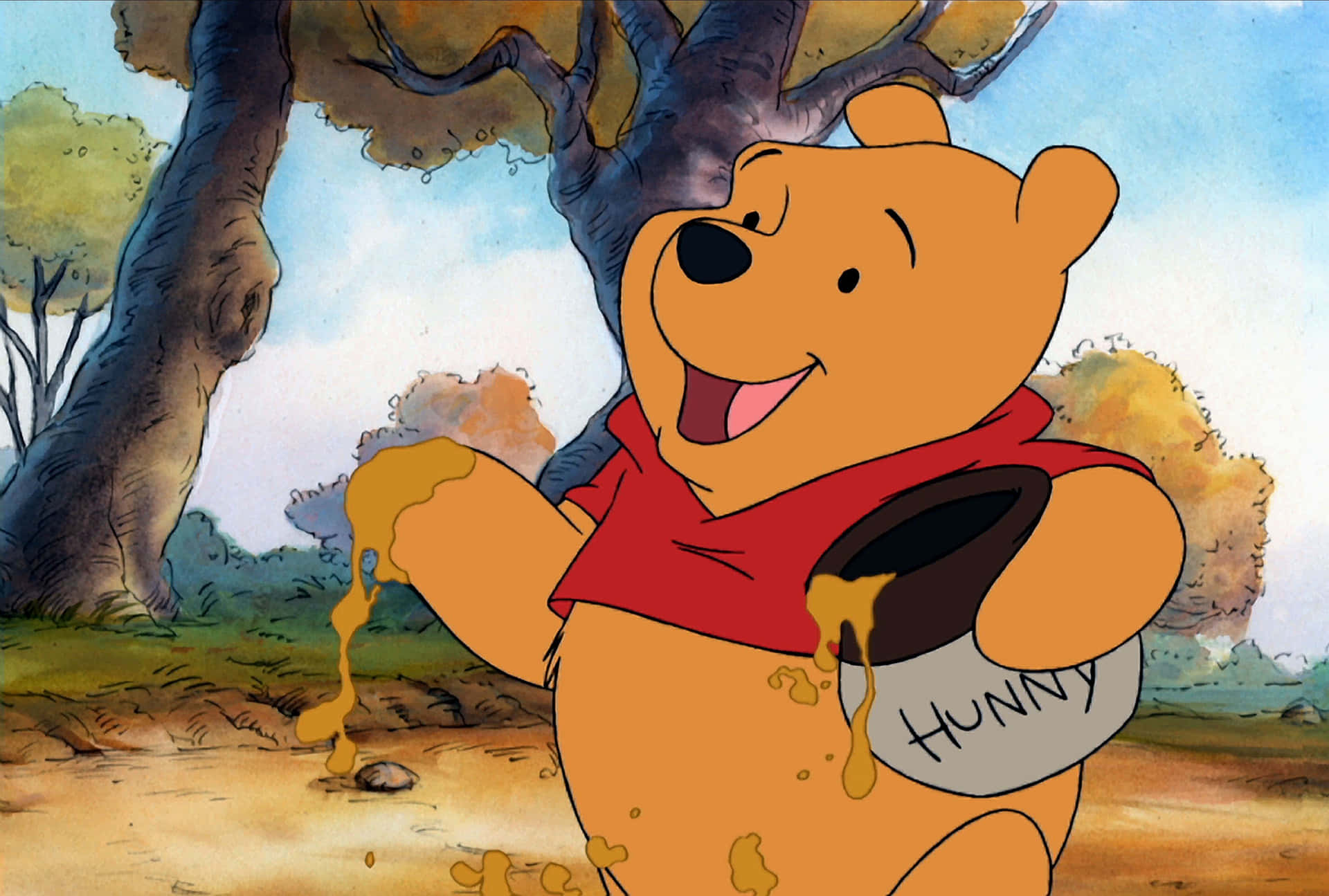 Billedeaf Winnie The Pooh Sidder I Et Træ Med Sine Kære Venner.
