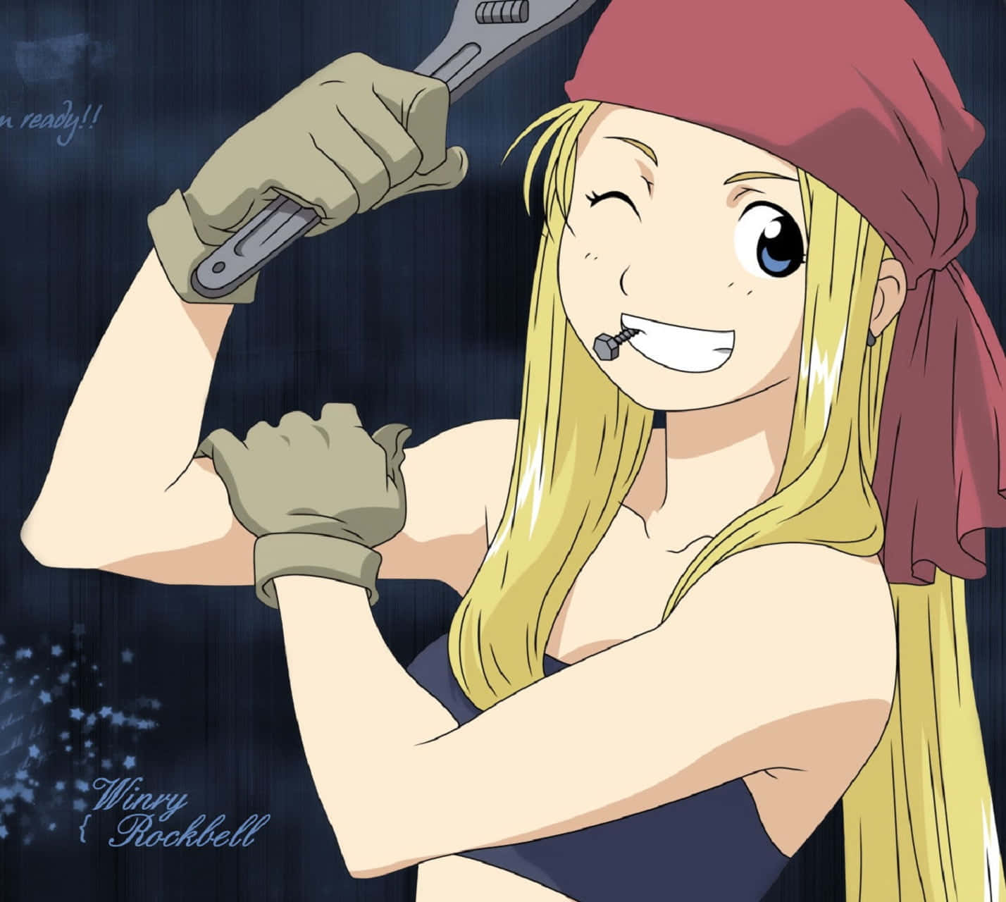 Cheerful Winry Rockbell on a vibrant background Wallpaper