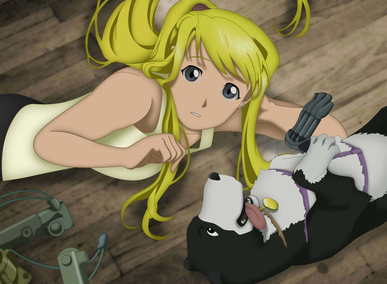 Winry Rockbell Smiling in Front of a Mechanical Workshop Wallpaper