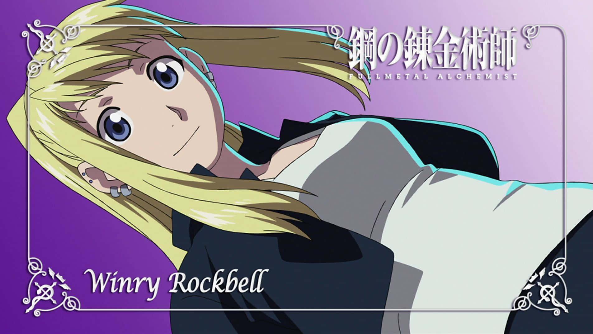 Winry Rockbell posing with her wrench in front of her auto-mail workshop Wallpaper