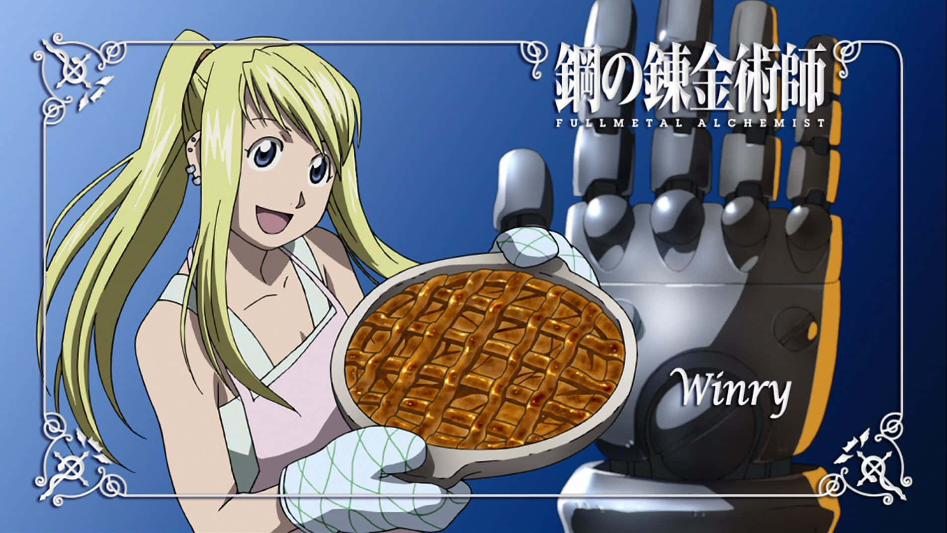 Enthusiastic Winry Rockbell posing with her wrench in hand Wallpaper