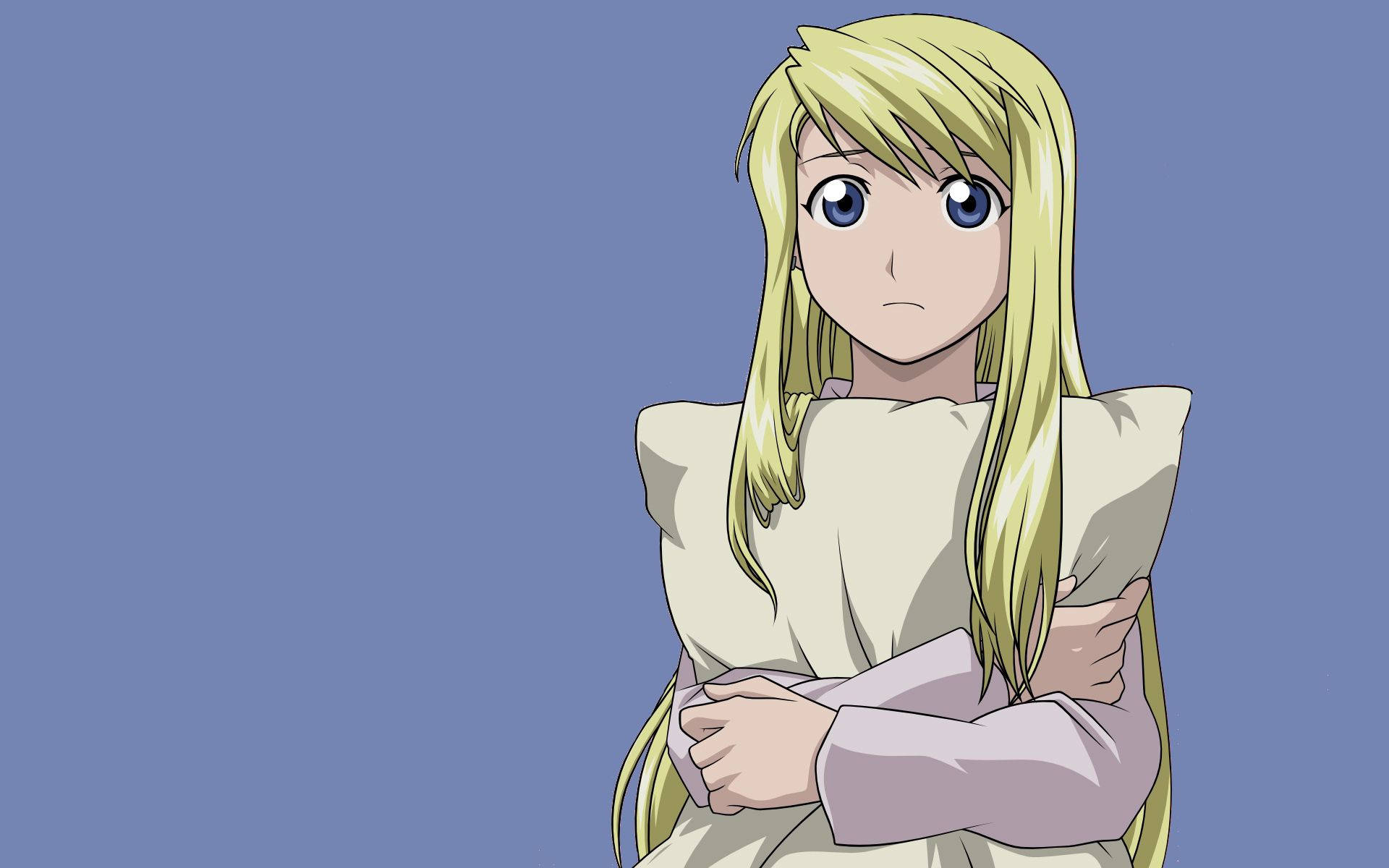 Animated Winry Rockbell from the anime Fullmetal Alchemist holding a pillow, HD wallpaper.