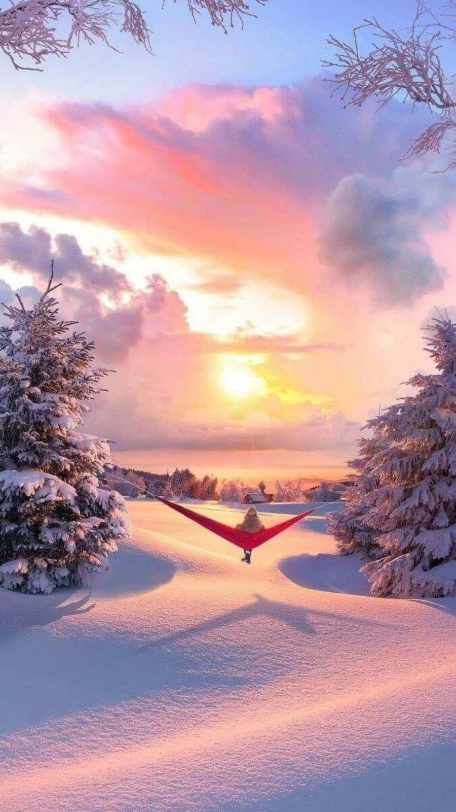A Red Hammock Is Hanging In The Snow Wallpaper
