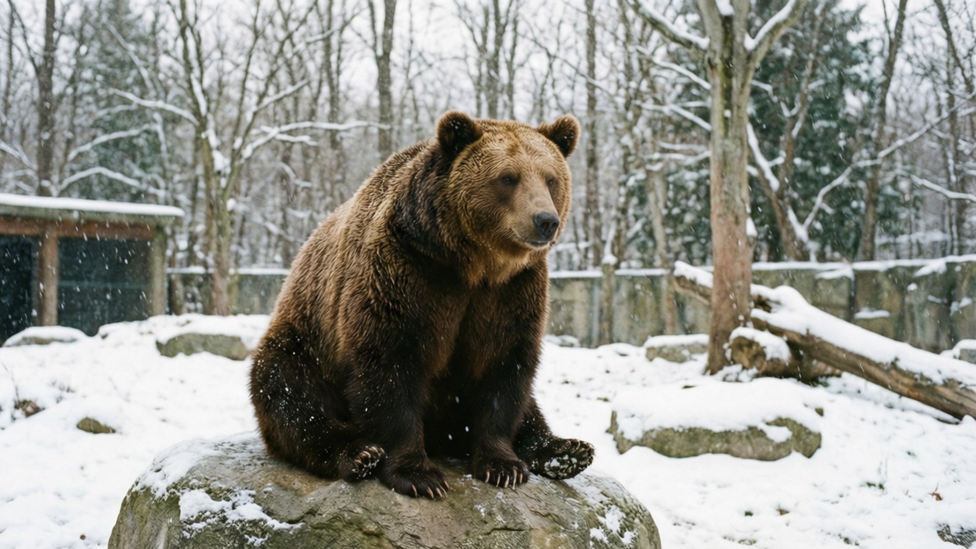 A calm winter scene at Bern's Bear Park with a bear in the snow.