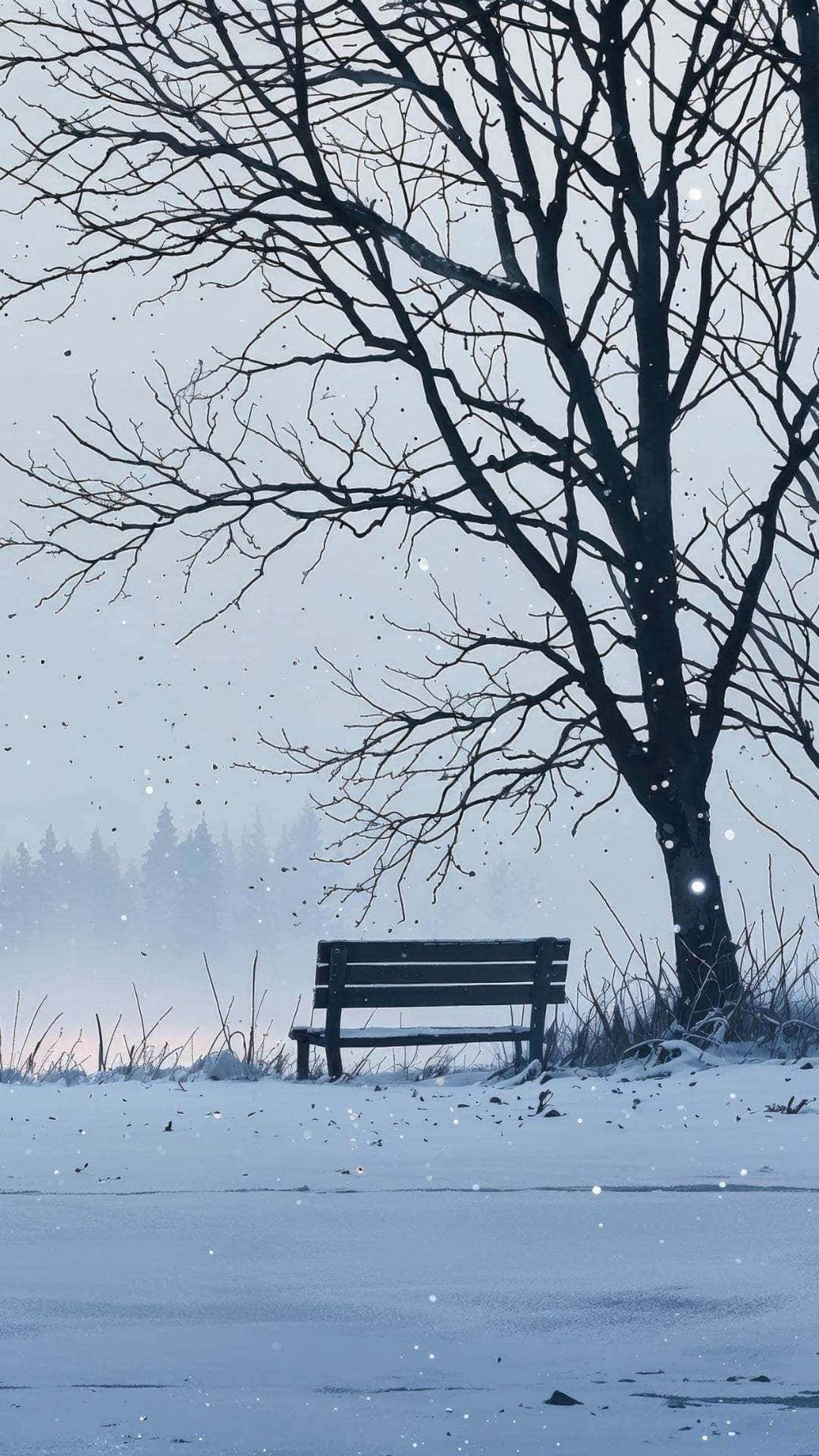 Winter Bench Under Snowy Tree Wallpaper
