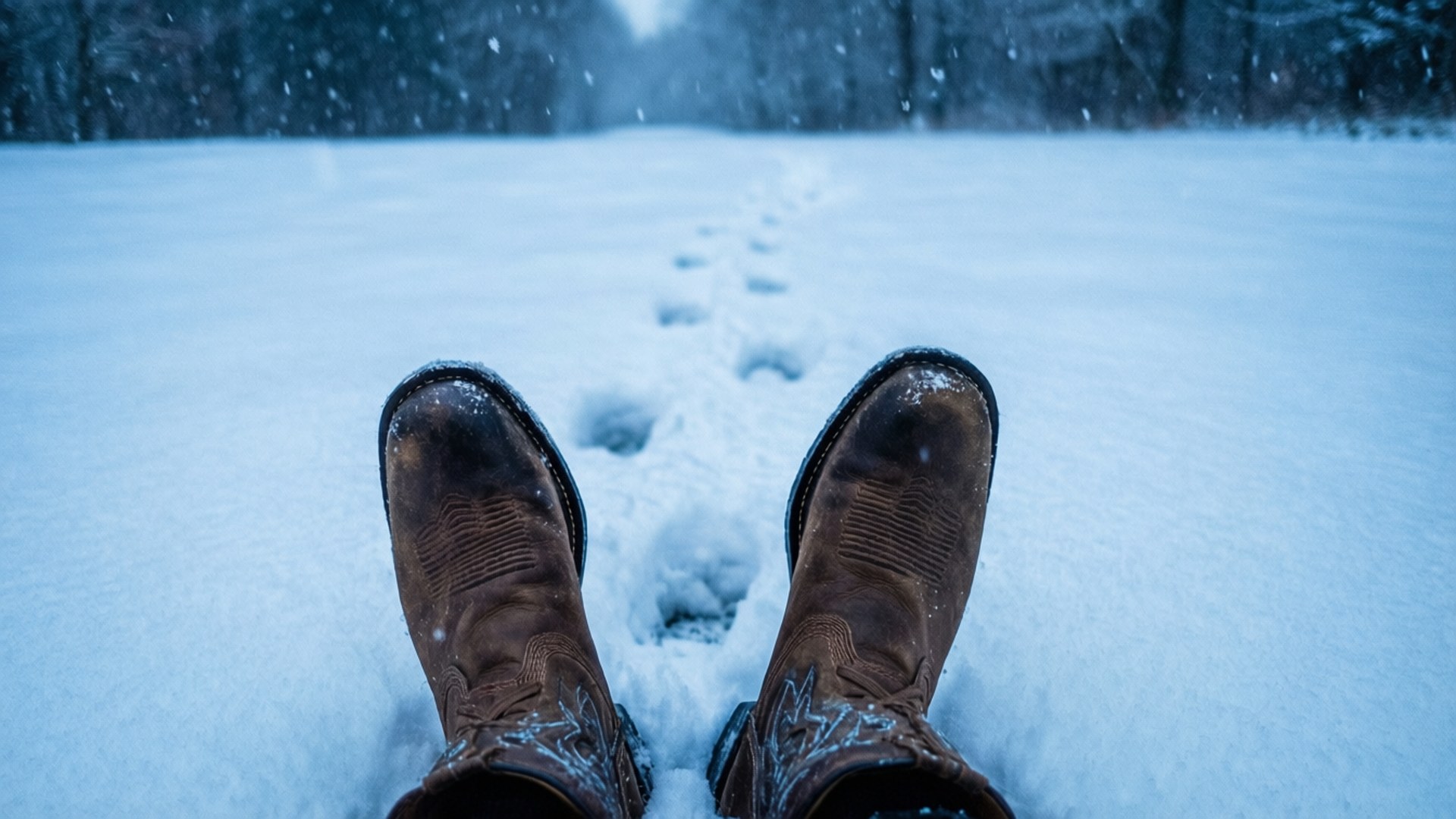 Bottes Ariat dans la neige avec empreintes.