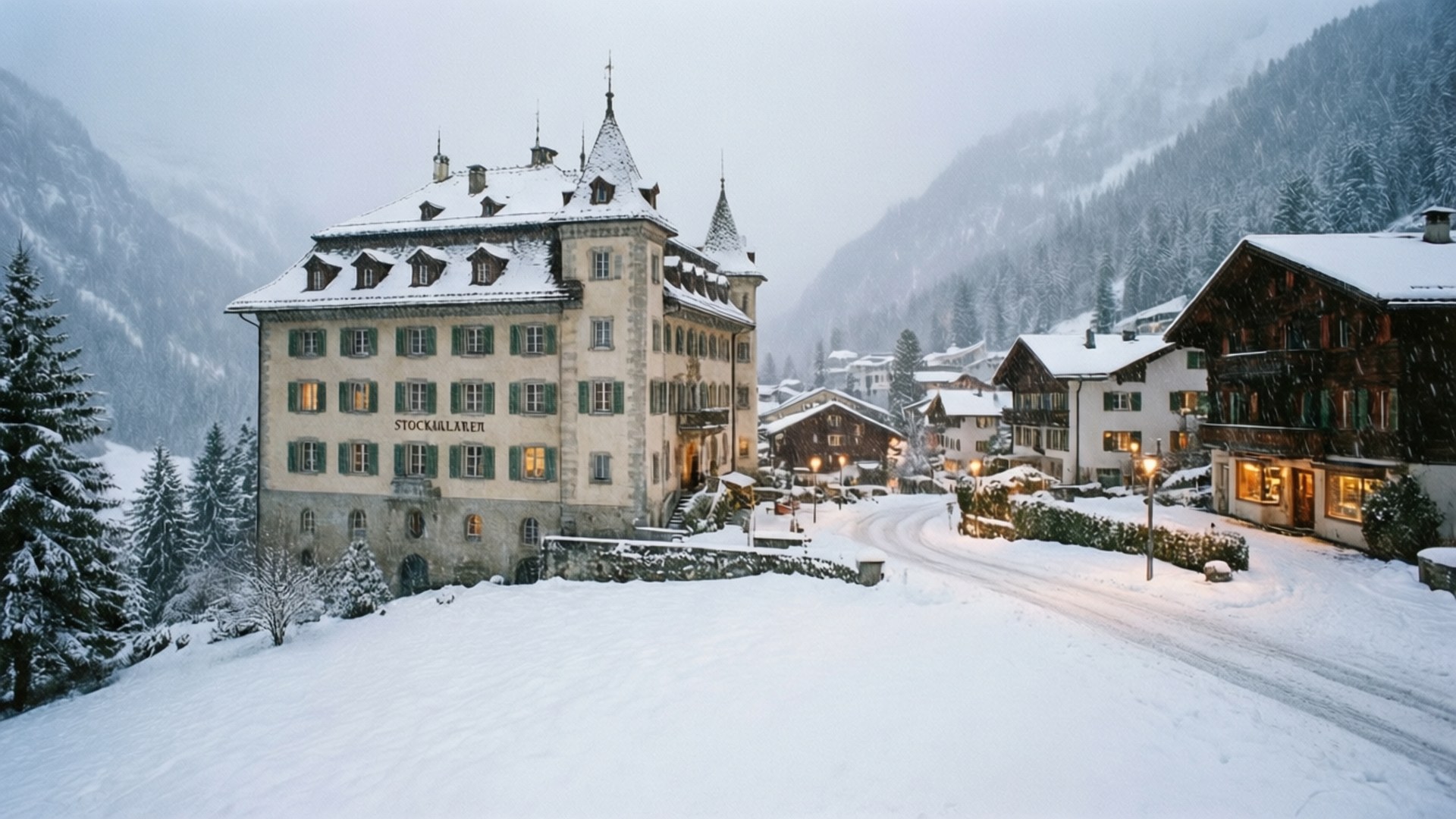Snow-covered alpine village with glowing windows and winding road. wallpaper