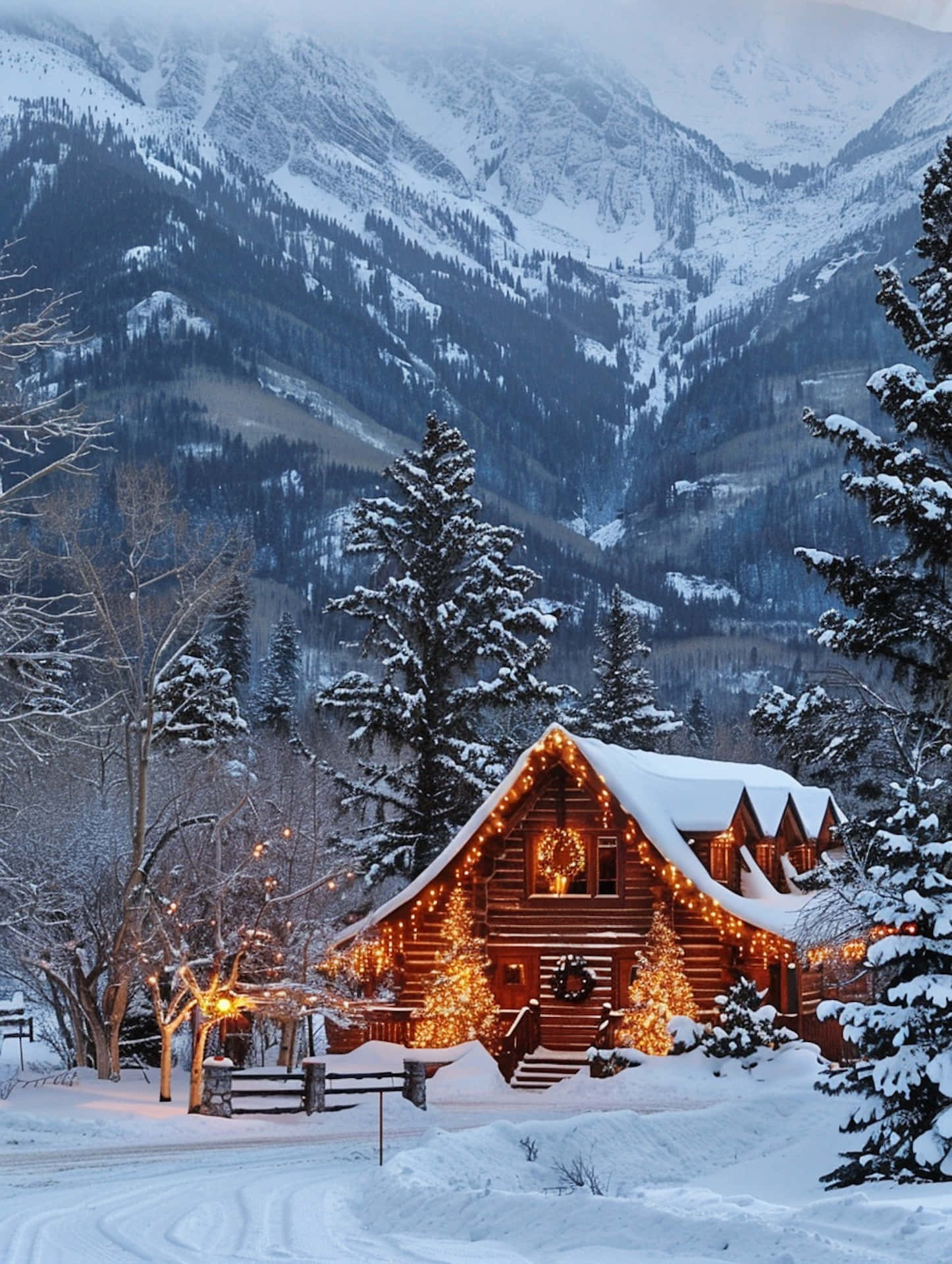 Winter Cabin Christmas Lights.jpg Wallpaper