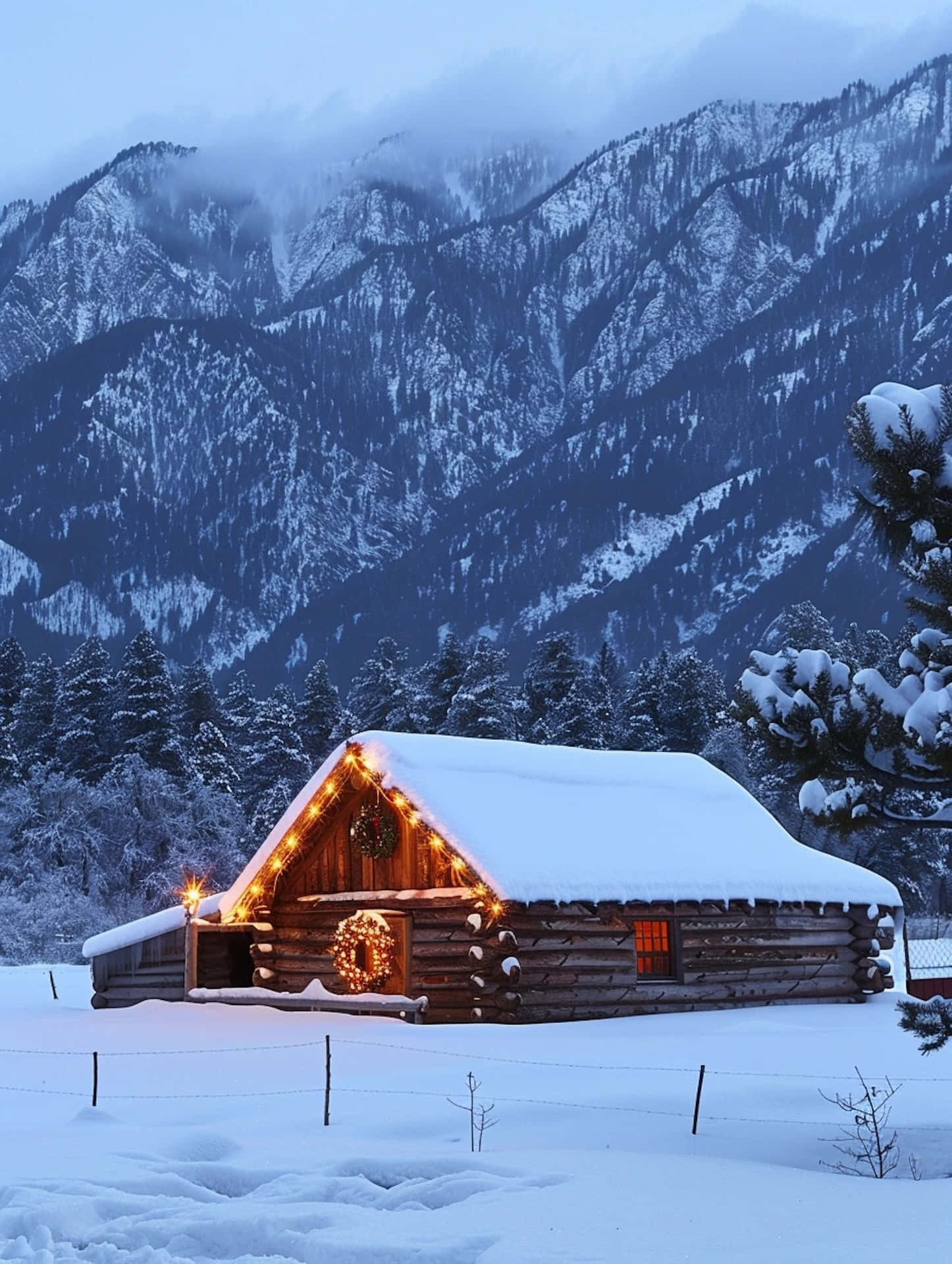 Winter Cabin Christmas Lights.jpg Wallpaper