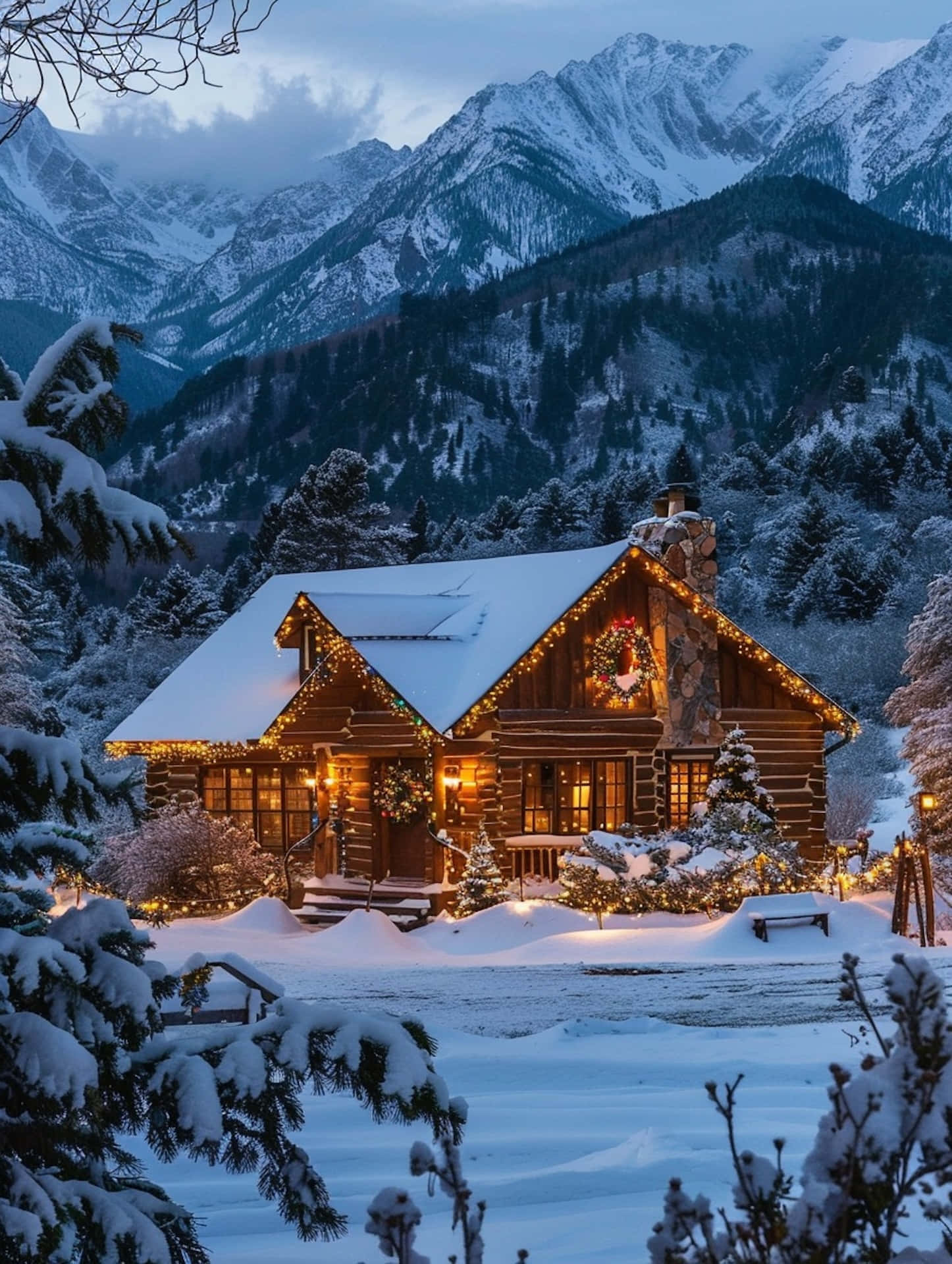 Winter Cabin Christmas Lights Mountain Backdrop.jpg Wallpaper