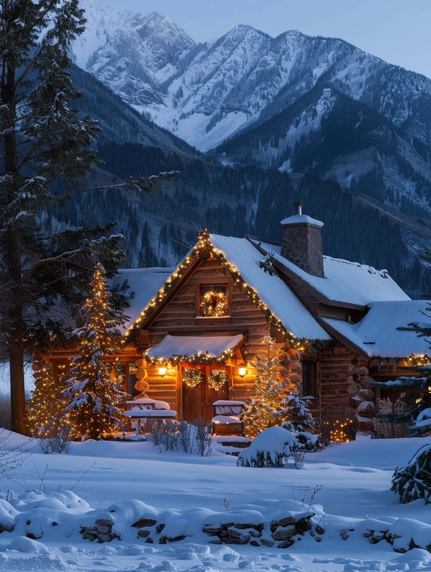 Winter_ Cabin_ Christmas_ Lights_ Mountain_ Backdrop.jpg Wallpaper