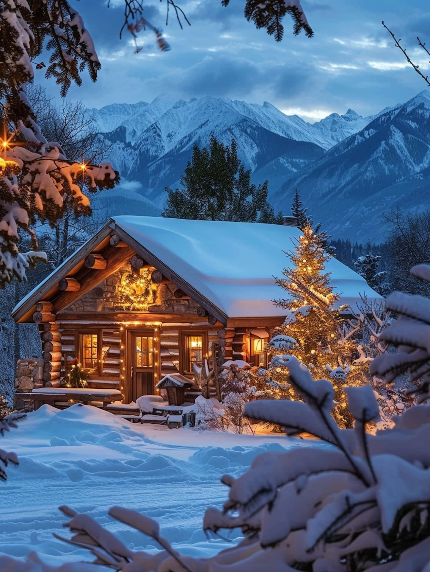 Winter Cabin Mountain View.jpg Wallpaper