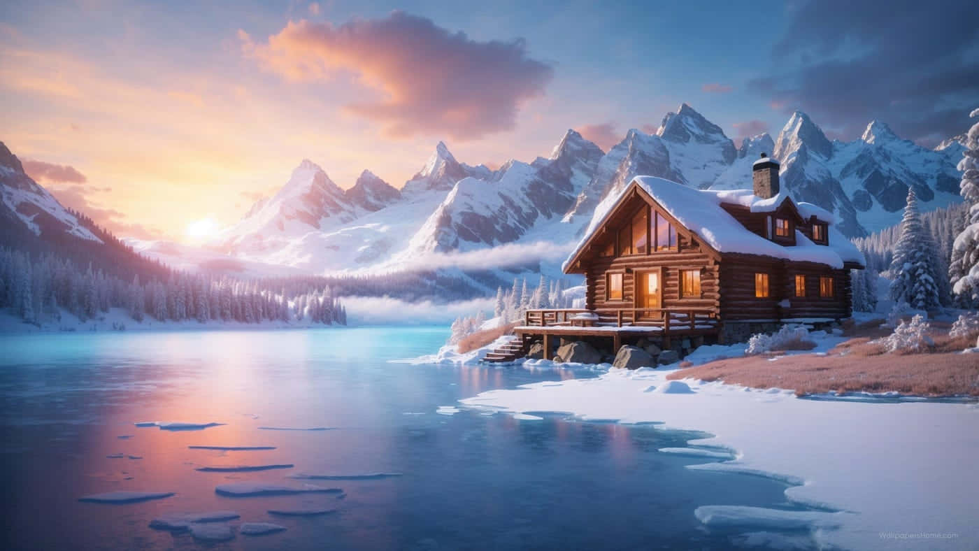 Winter_ Cabin_ Sunset_ Landscape Wallpaper