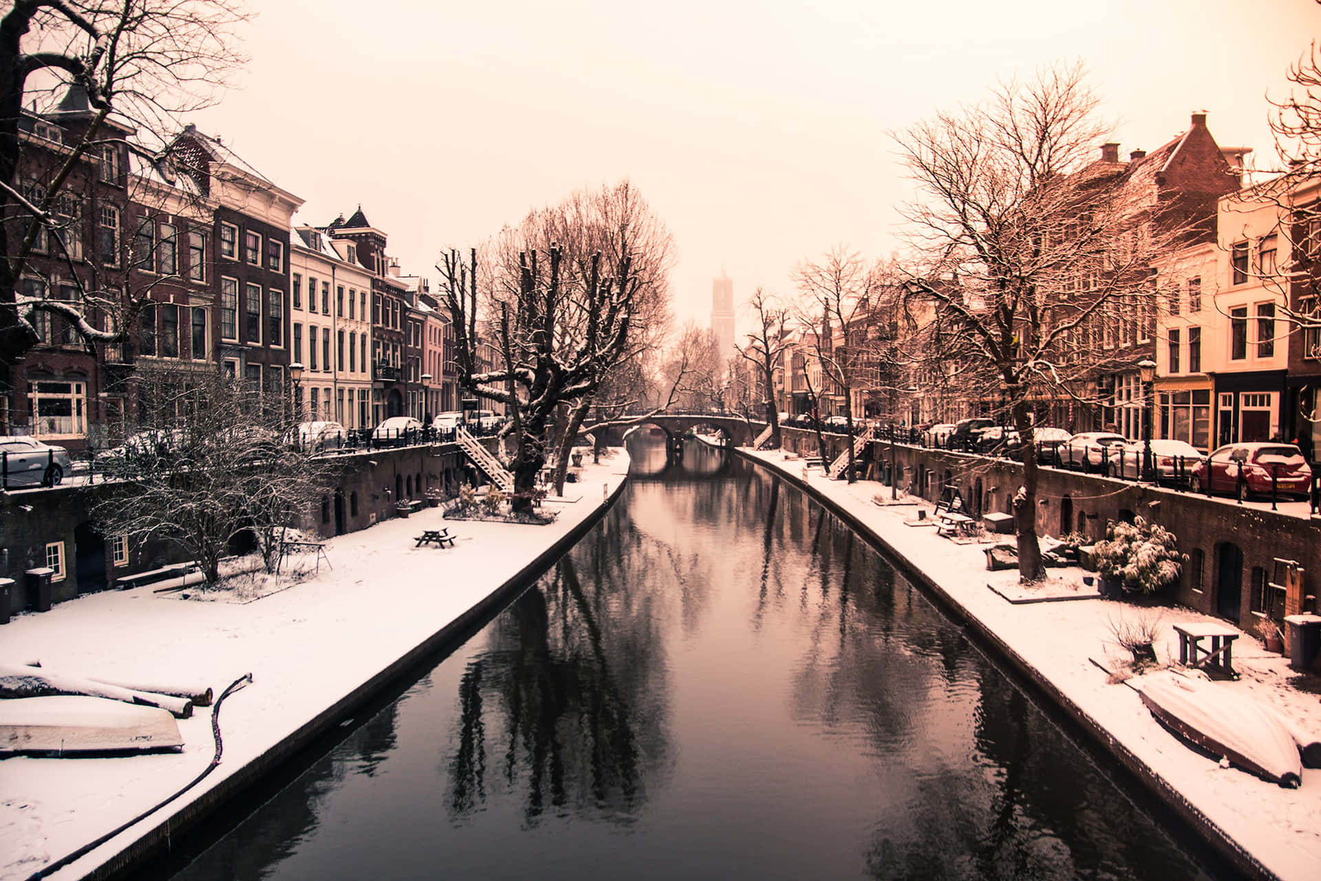 Winter Canal Utrecht Netherlands Wallpaper
